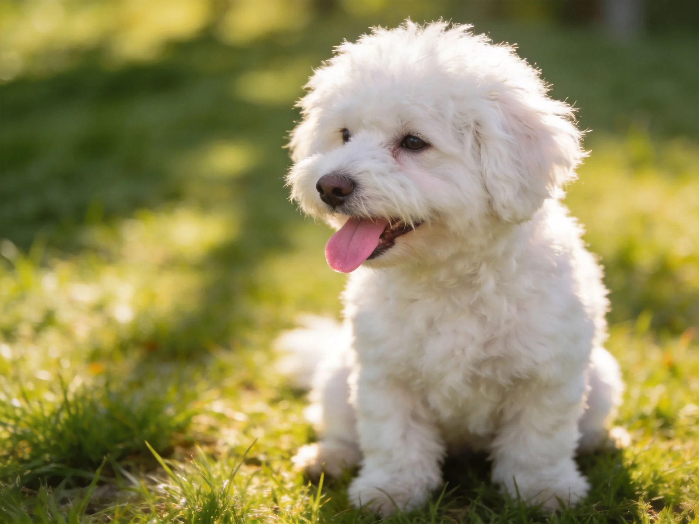 A fluffy white dog sits contentedly on sunlit green grass
