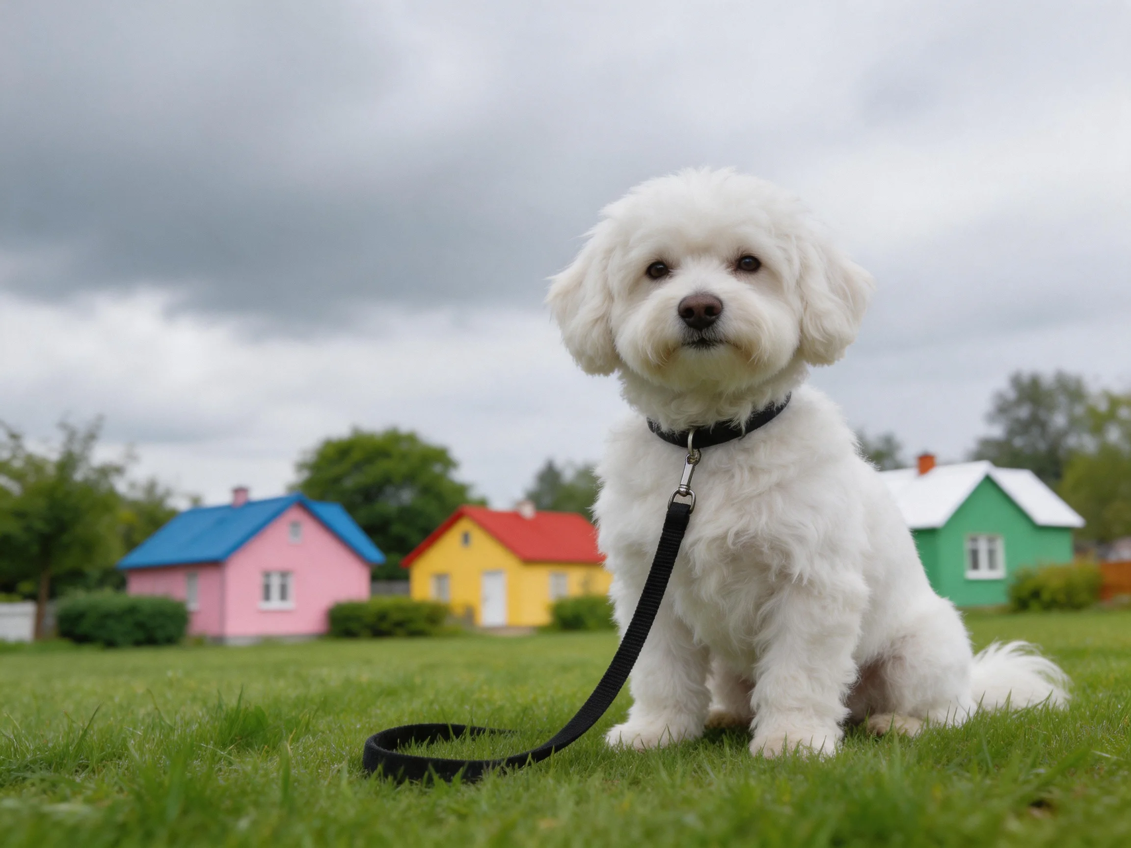 A white dog sits near colorful houses in an outdoor setting.