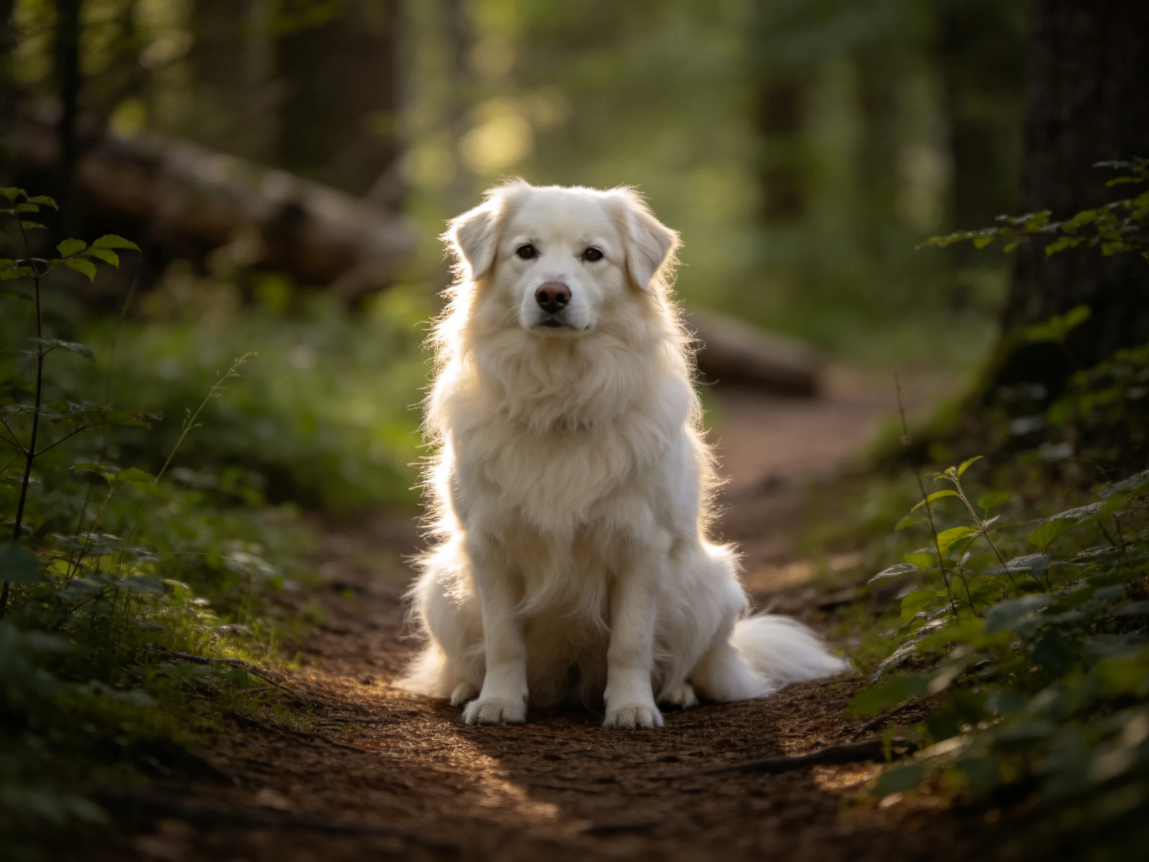 A fluffy white dog sits on a sun-dappled forest trail
