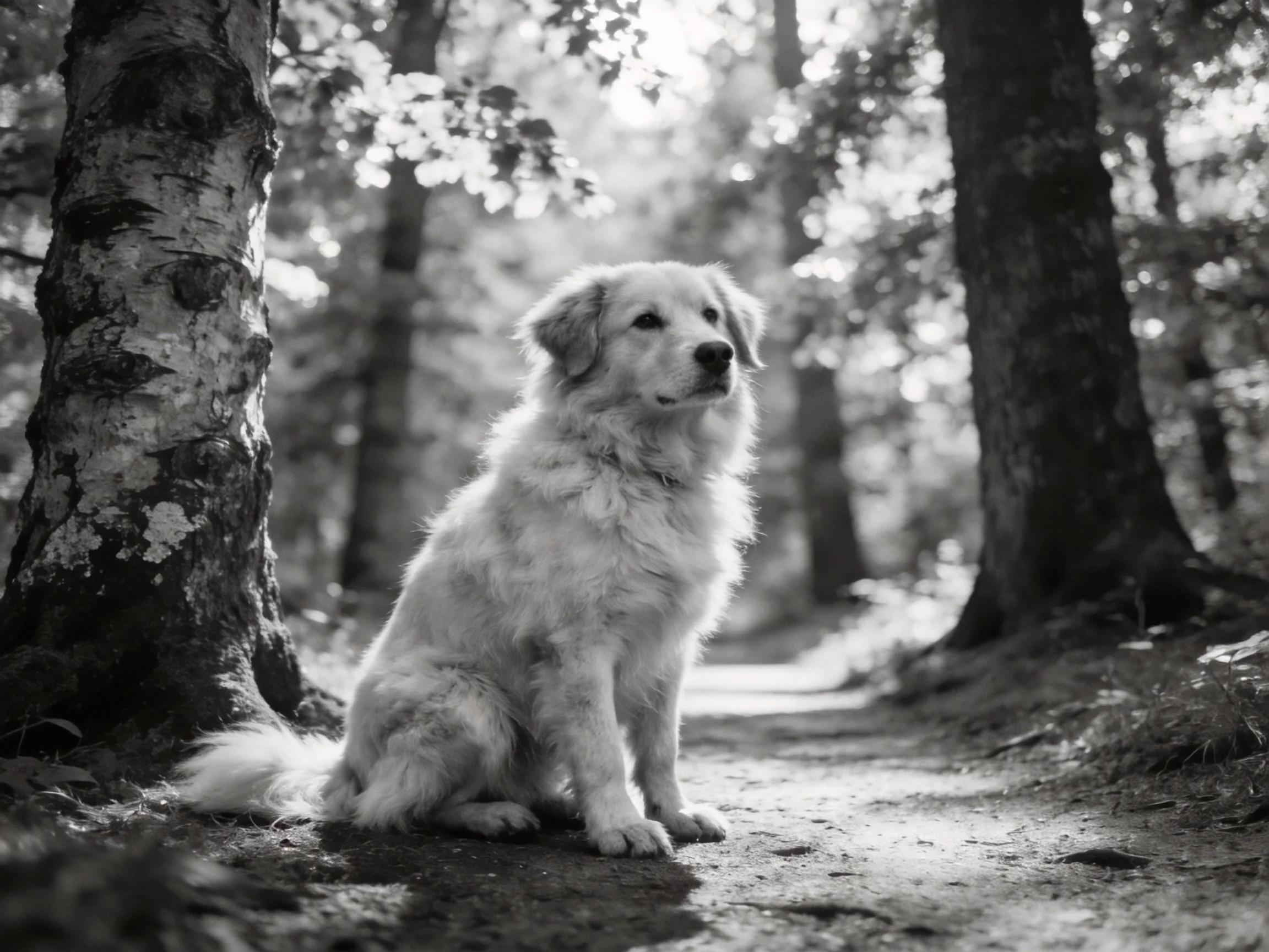 A fluffy white dog sits calmly on a sunlit forest path.