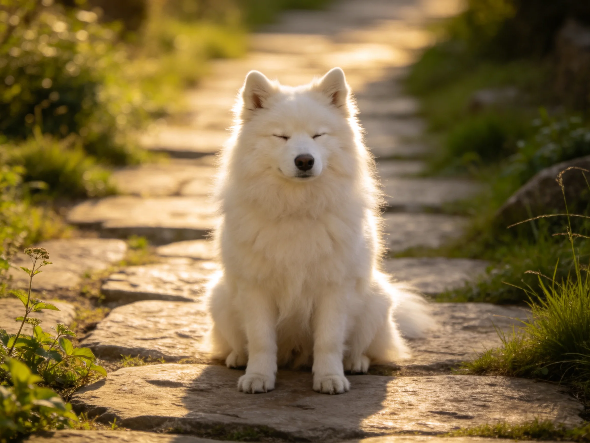 A fluffy white dog sits calmly on a sunlit stone path