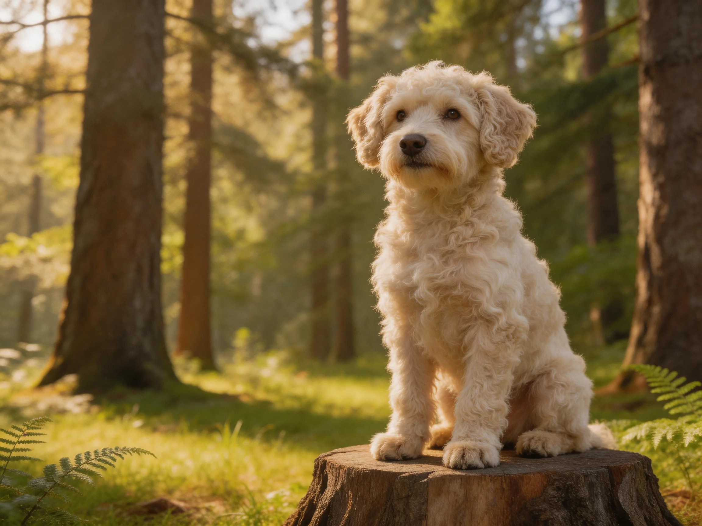 A fluffy white dog sits on a tree stump in a sunlit forest