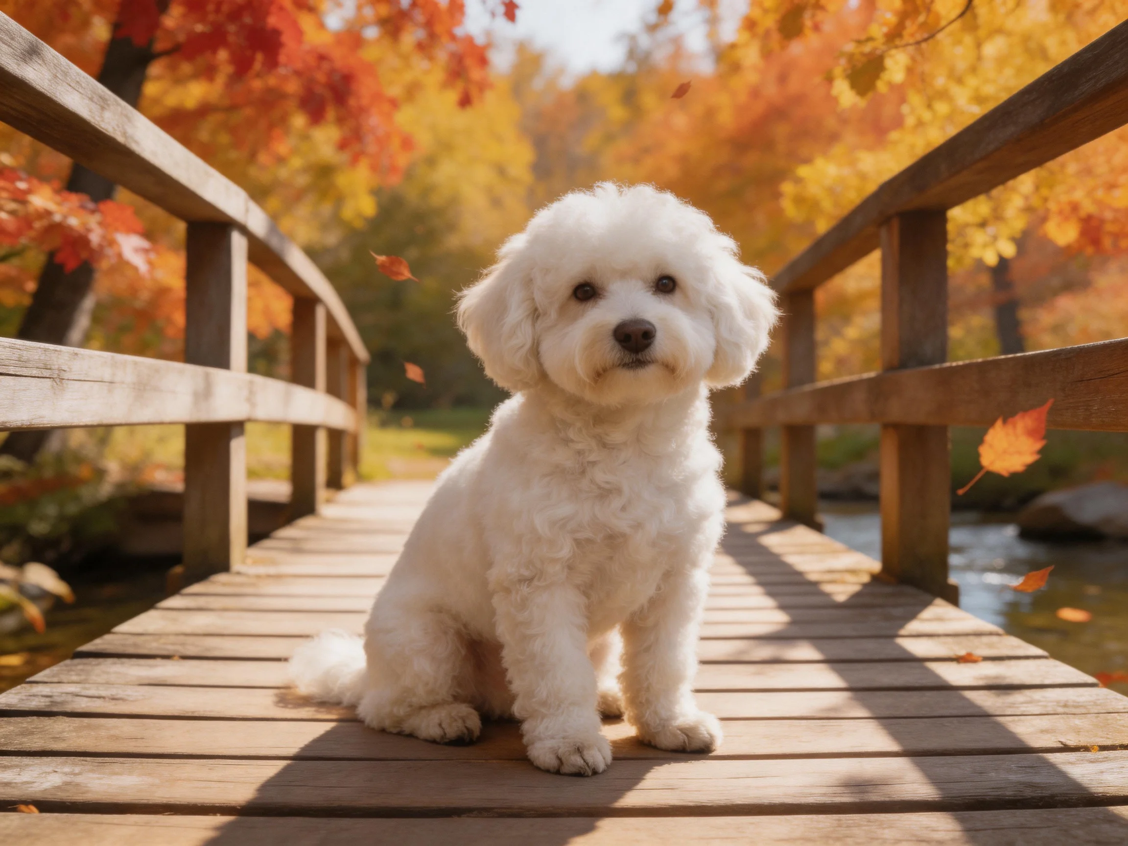 A white dog sits on a wooden bridge surrounded by colorful autumn foliage.