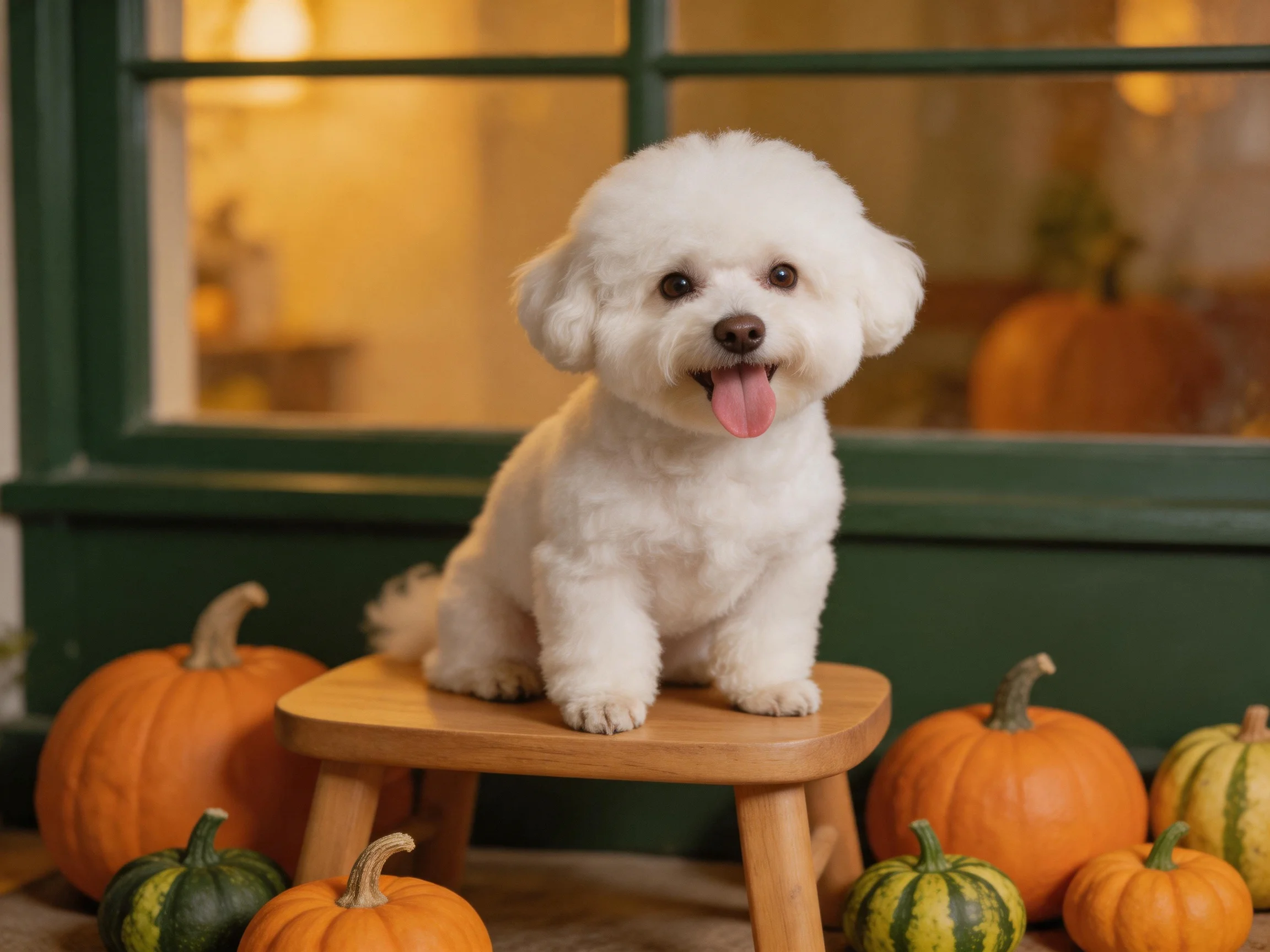 A fluffy white dog sits on a stool surrounded by pumpkins.