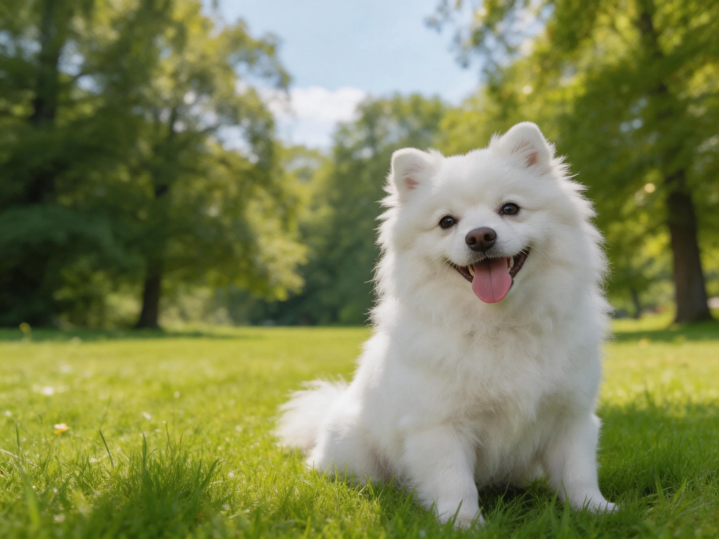A happy white dog enjoys time on grass in a sunny outdoor area