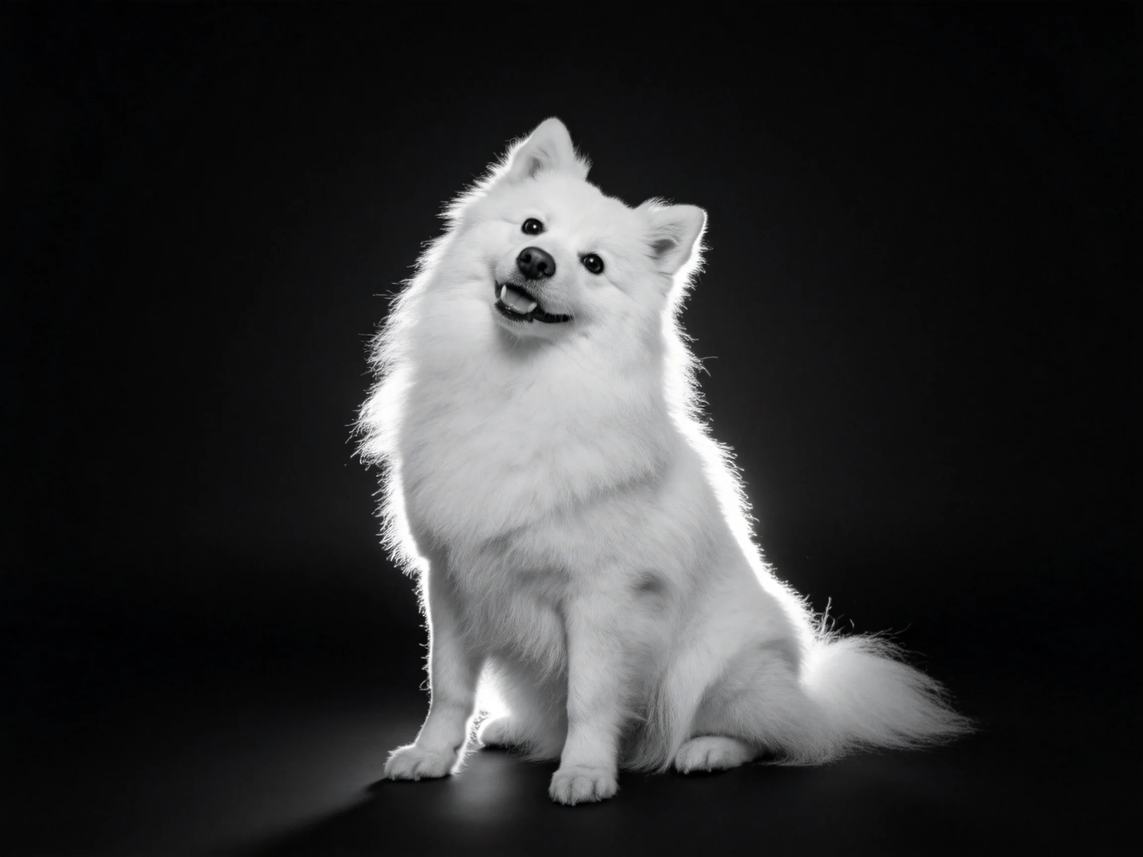 A white dog sits calmly with a black background.