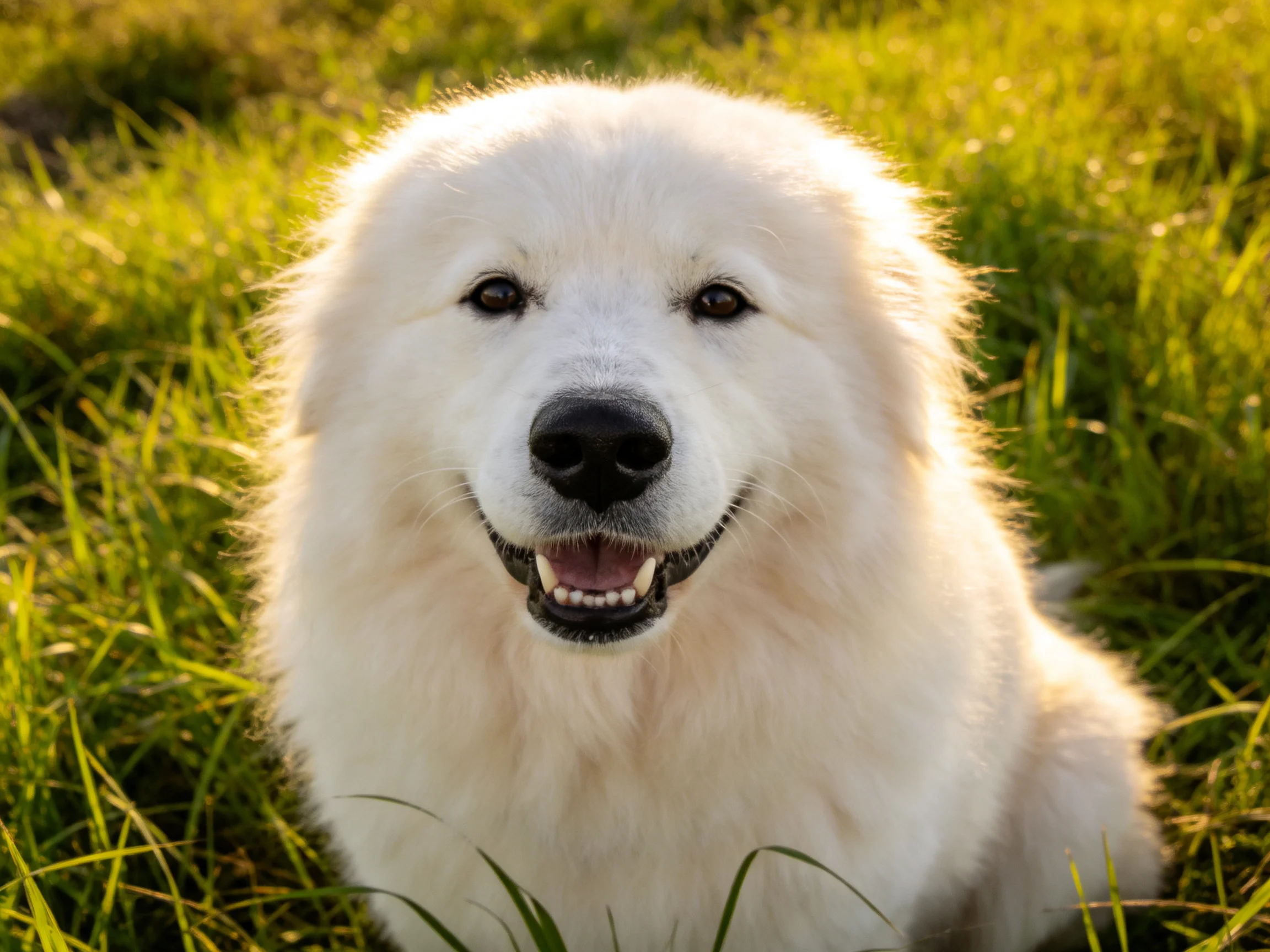 A fluffy white dog sits contentedly among green grass.
