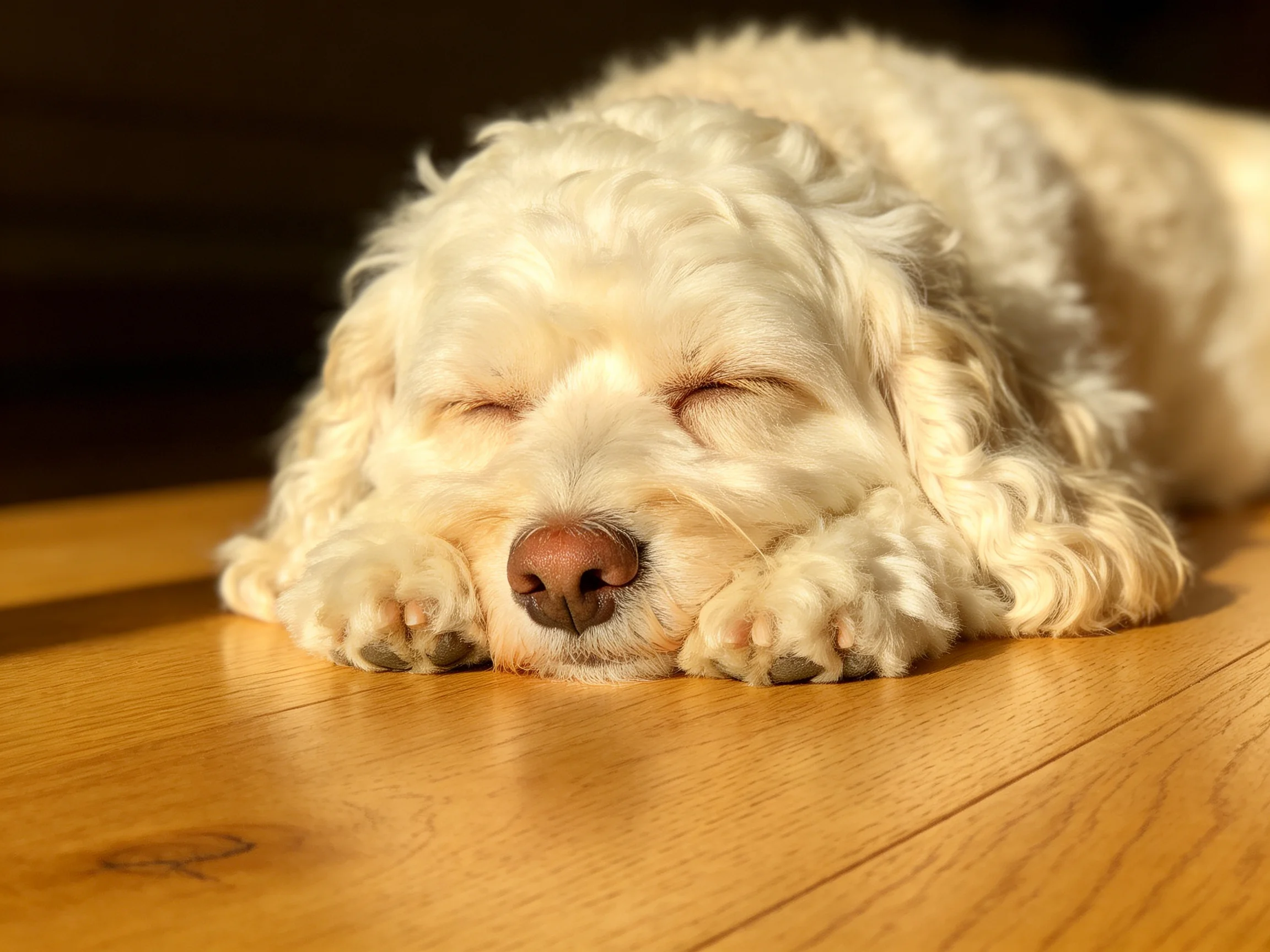 A fluffy white dog sleeps on a polished wooden floor