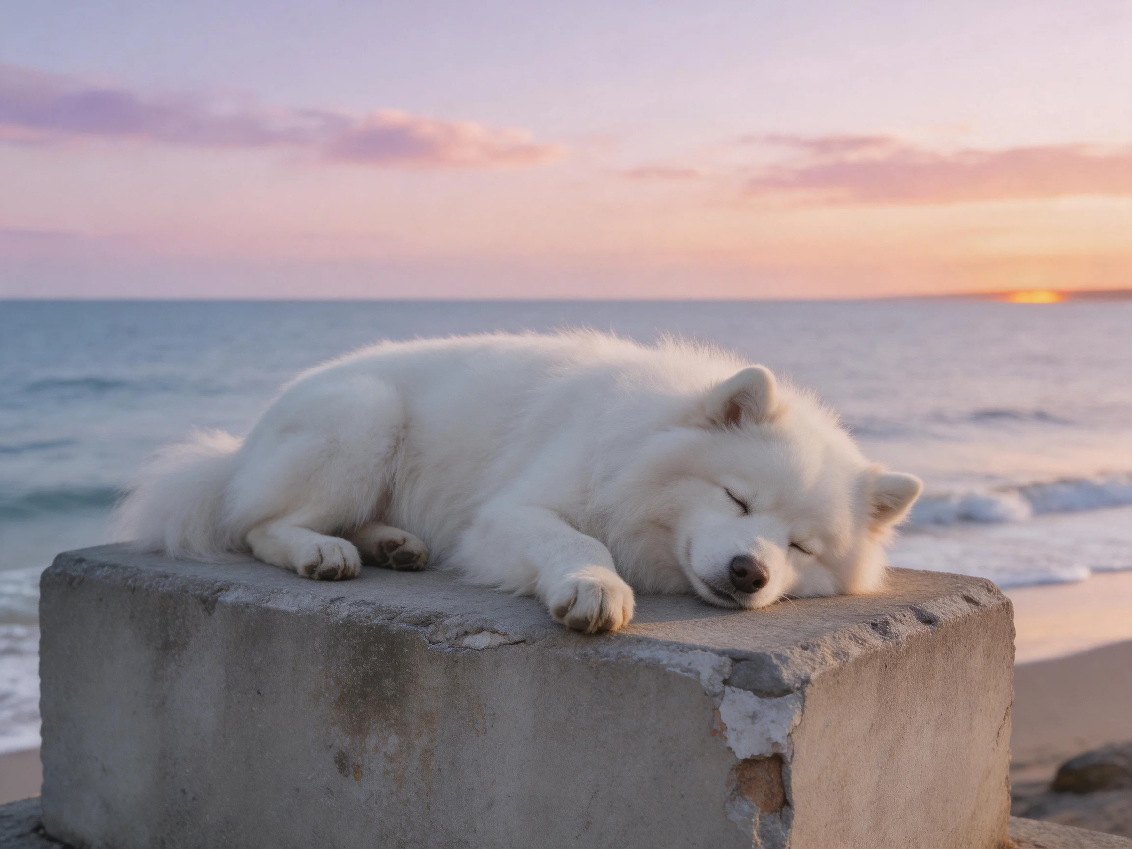 A fluffy white dog sleeps on a weathered concrete block by the ocean at sunset