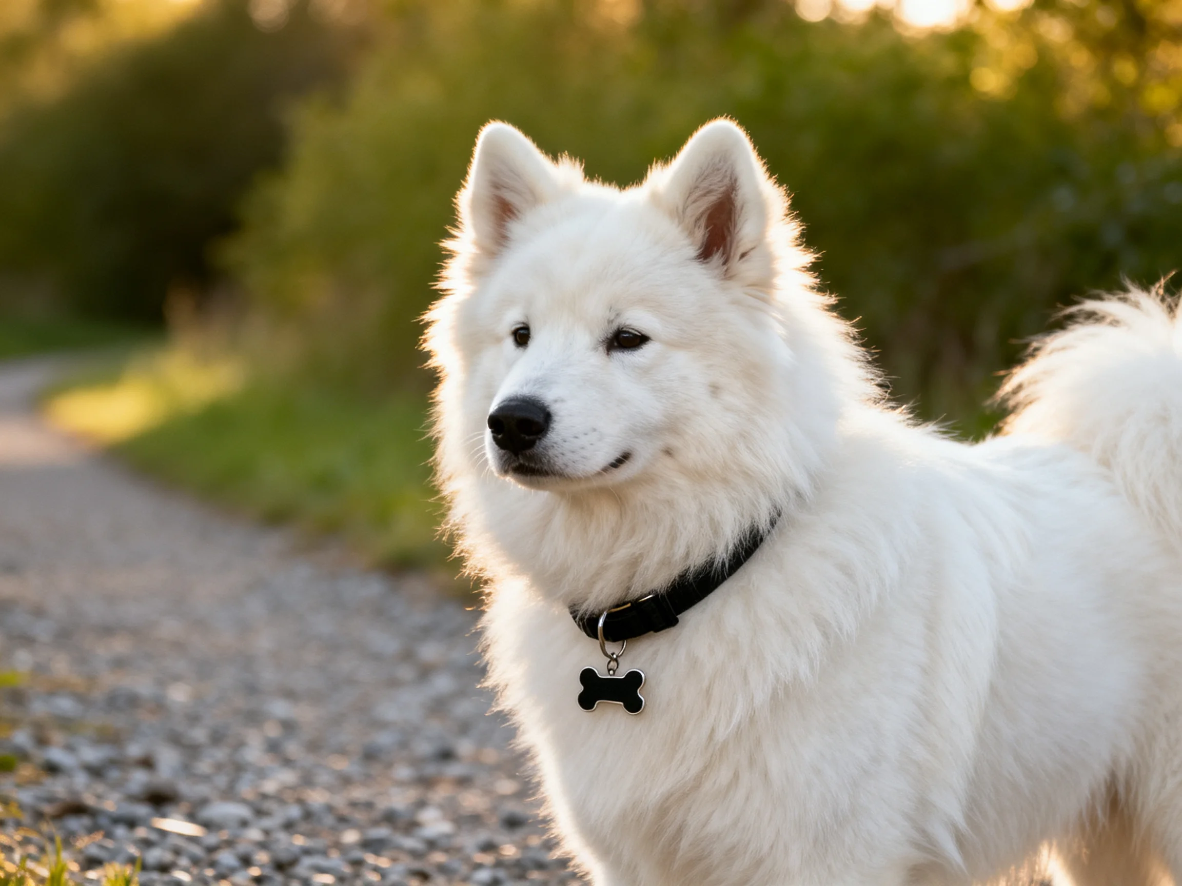 A fluffy white dog standing on a gravel path near greenery