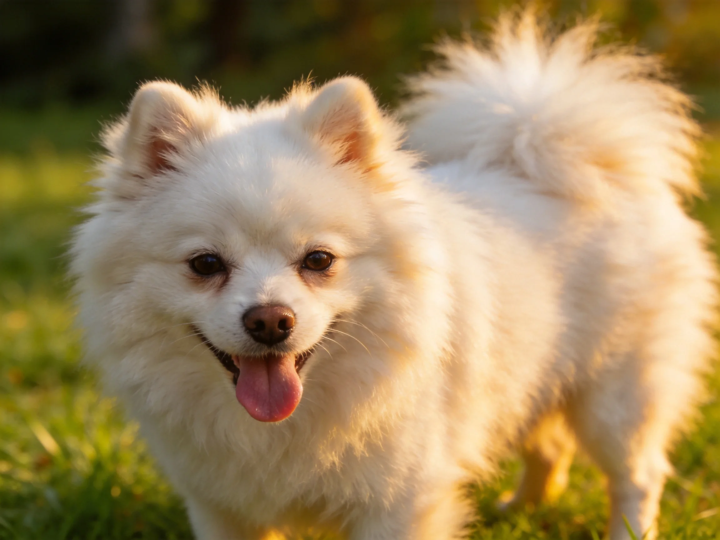 A fluffy white dog enjoys time on green grass during golden-hour sunlight.