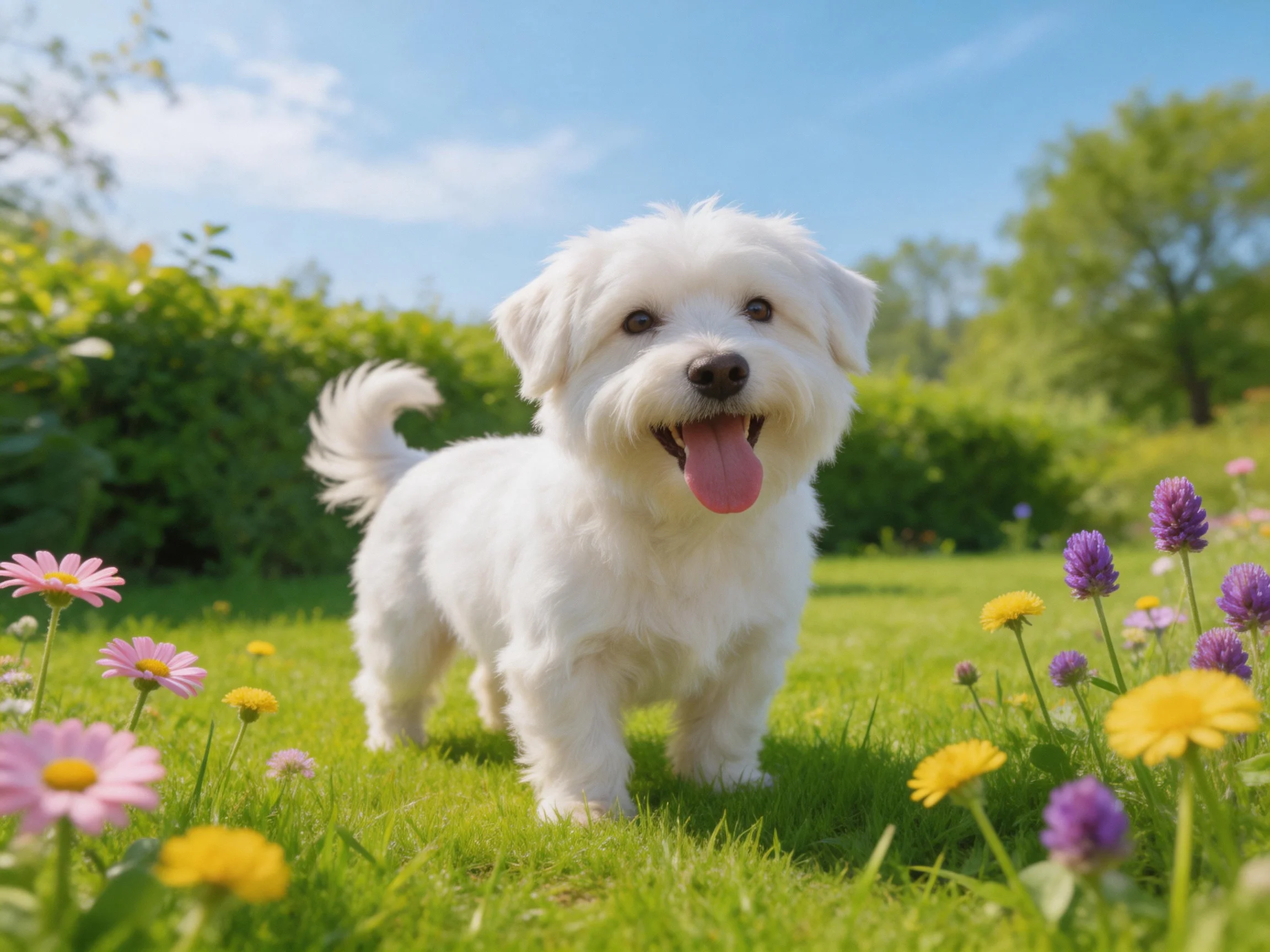 A cheerful white dog explores a flower-filled sunny meadow.
