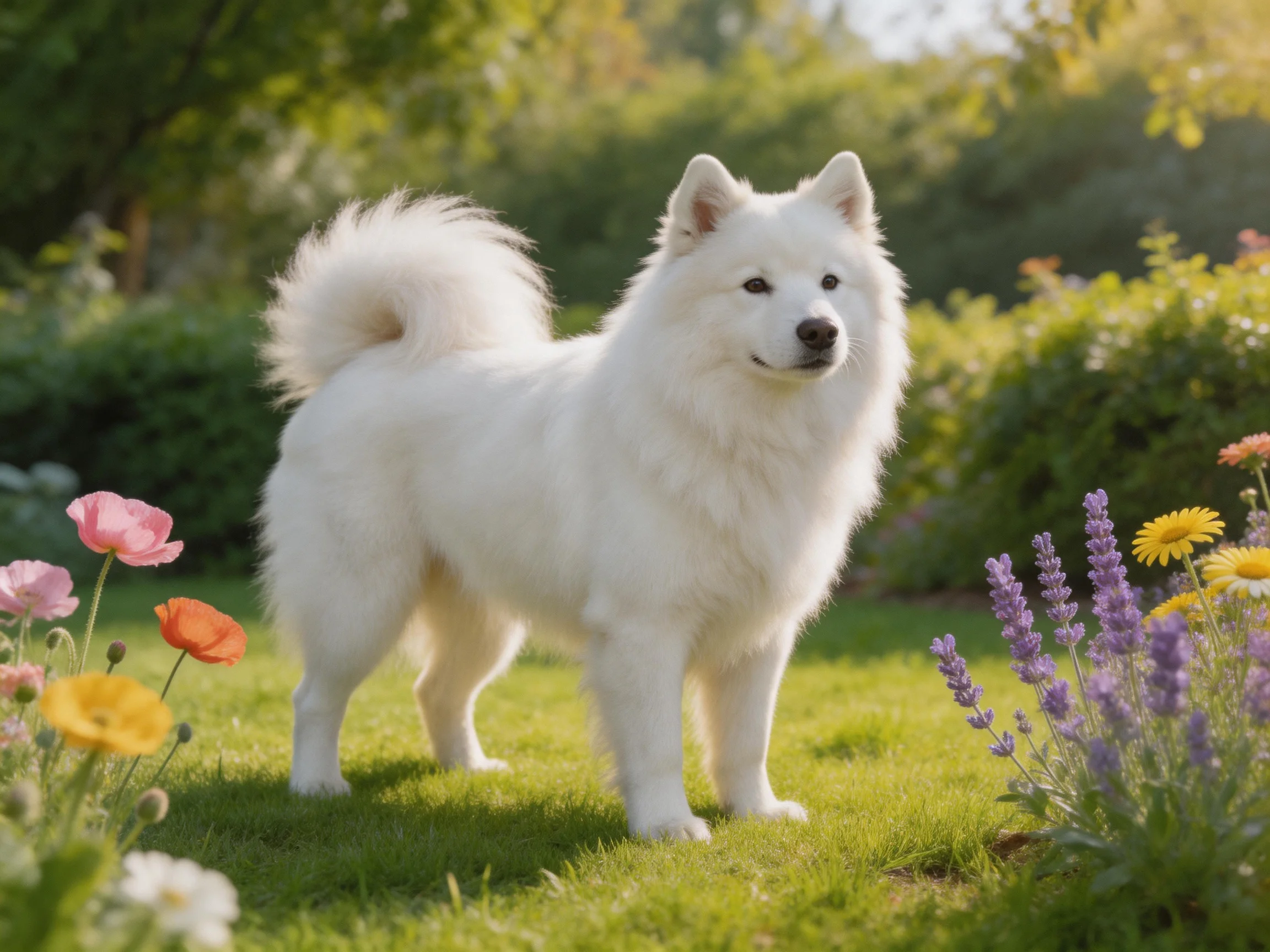 A white dog stands amid colorful flowers in a sunlit garden