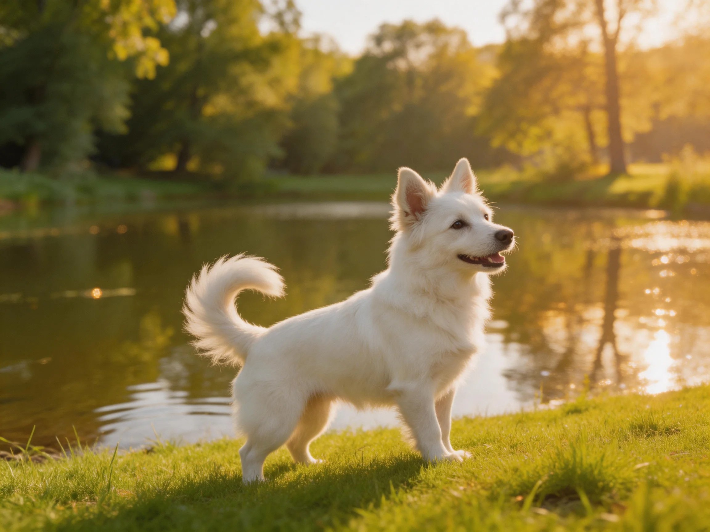 A fluffy white dog stands by a calm lake in a sunlit natural setting.