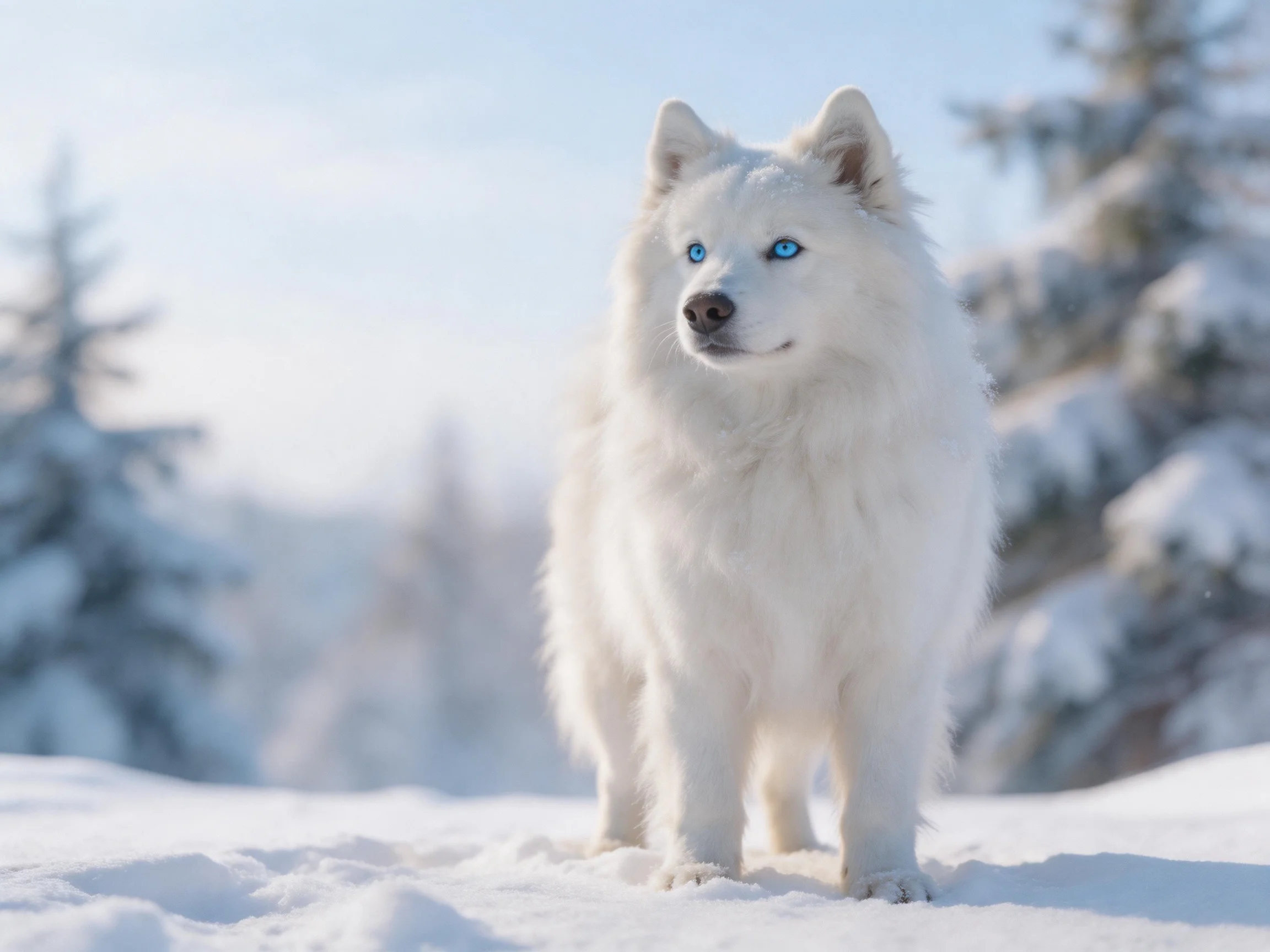 A white dog stands peacefully in a snowy landscape with evergreen trees.