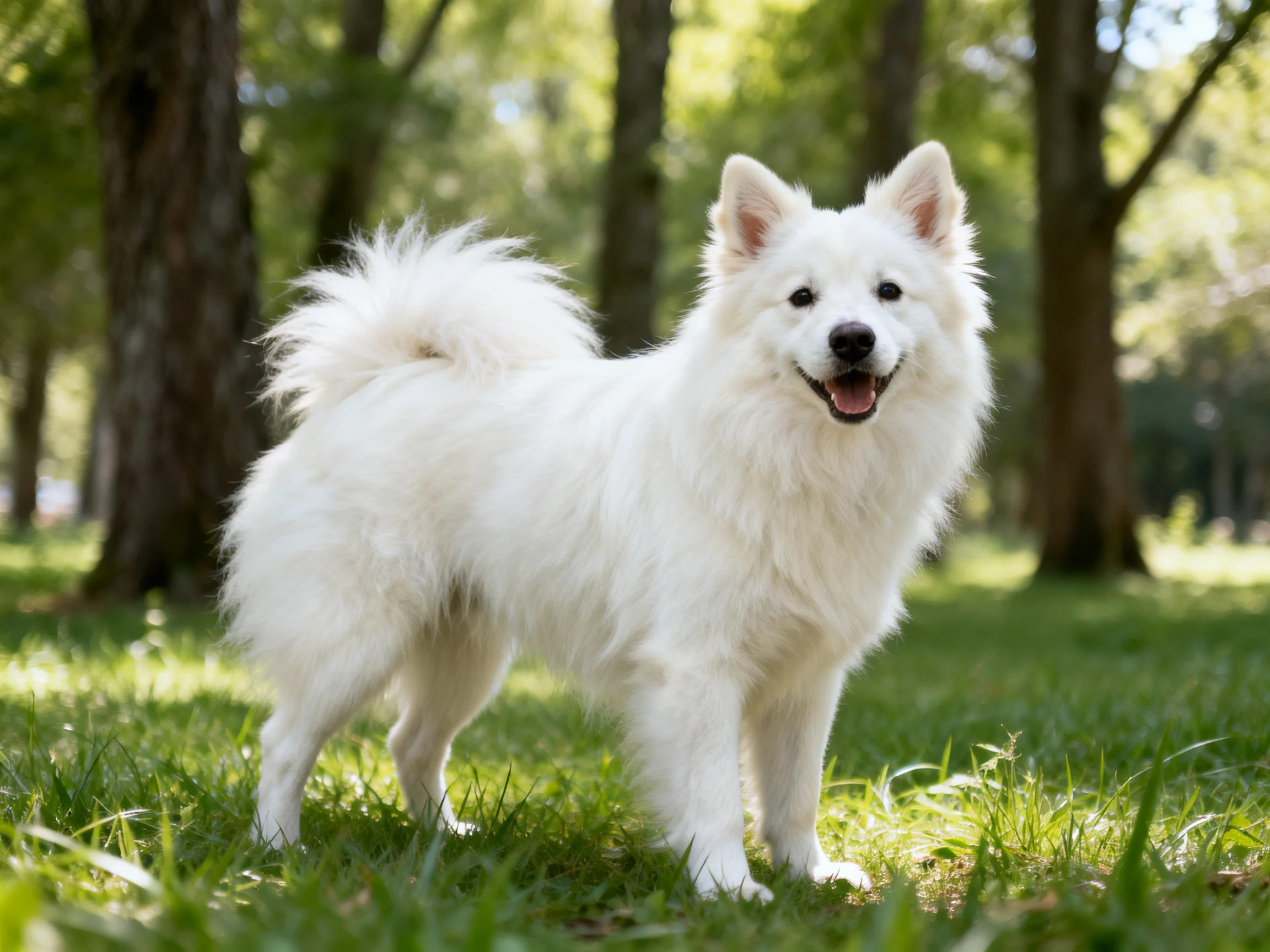 A fluffy white dog enjoys a sunny day in a forest clearing.