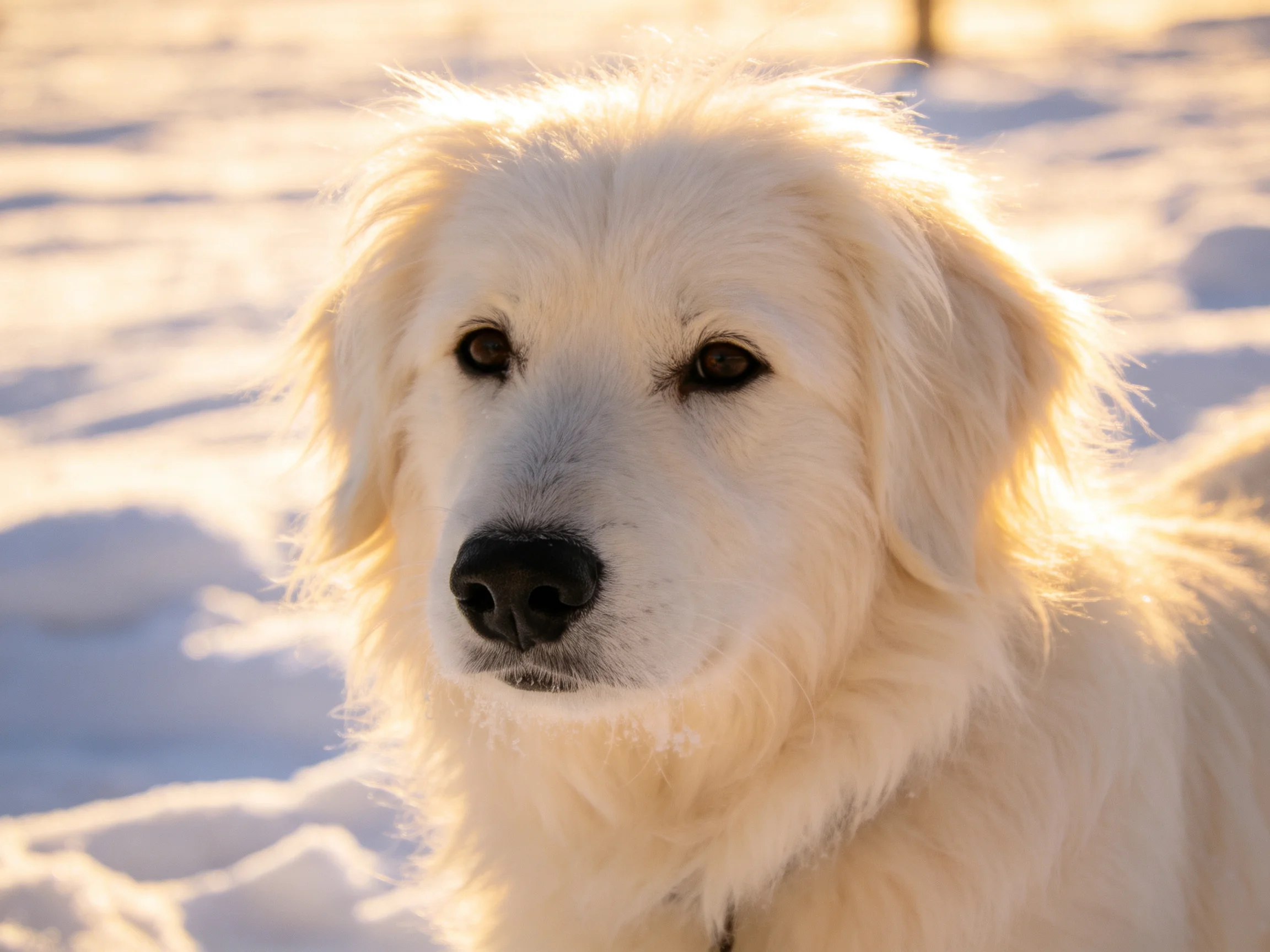 A fluffy white dog is centered in a bright, wintry outdoor scene.