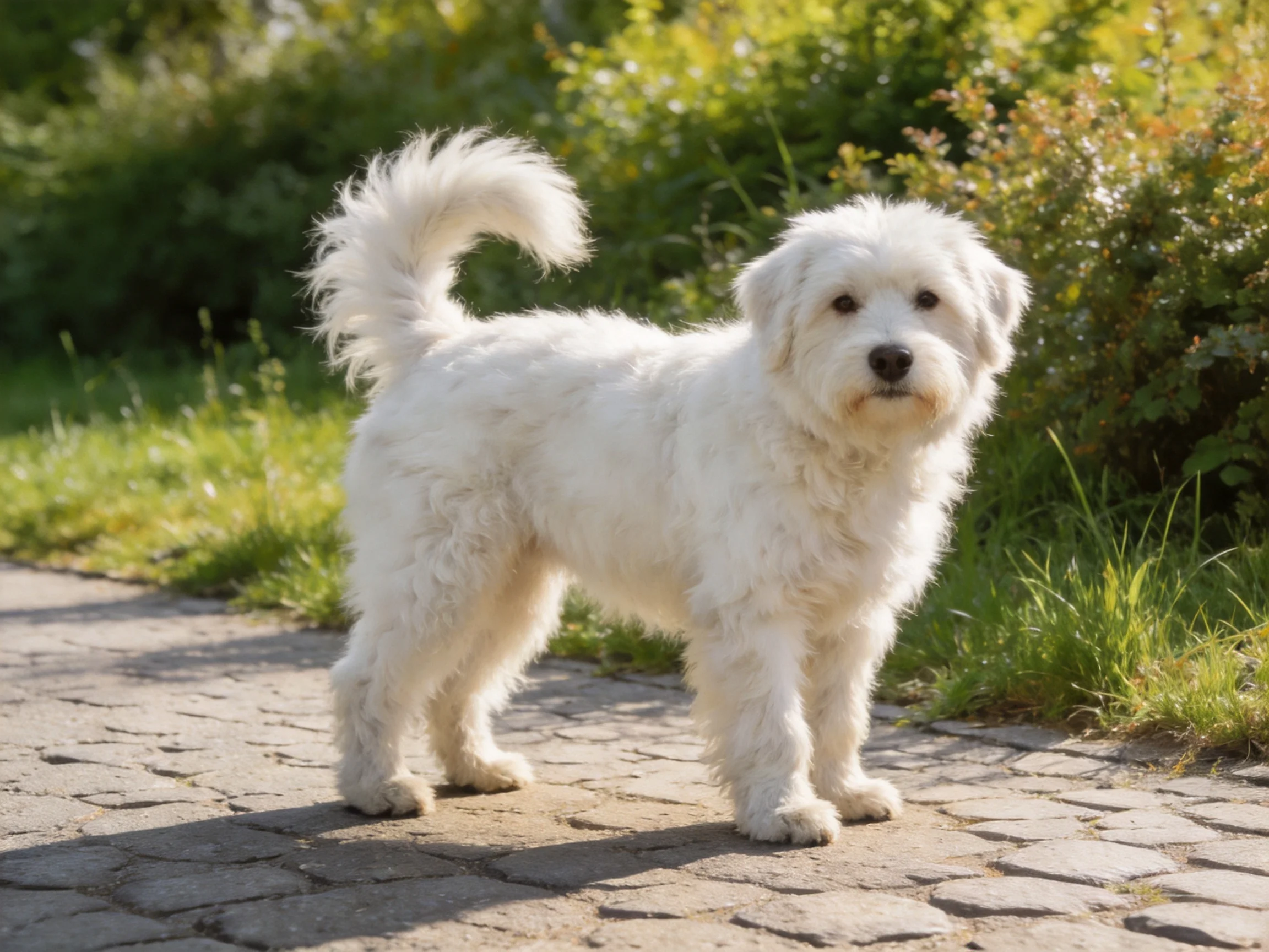A fluffy white dog stands on a stone path surrounded by greenery