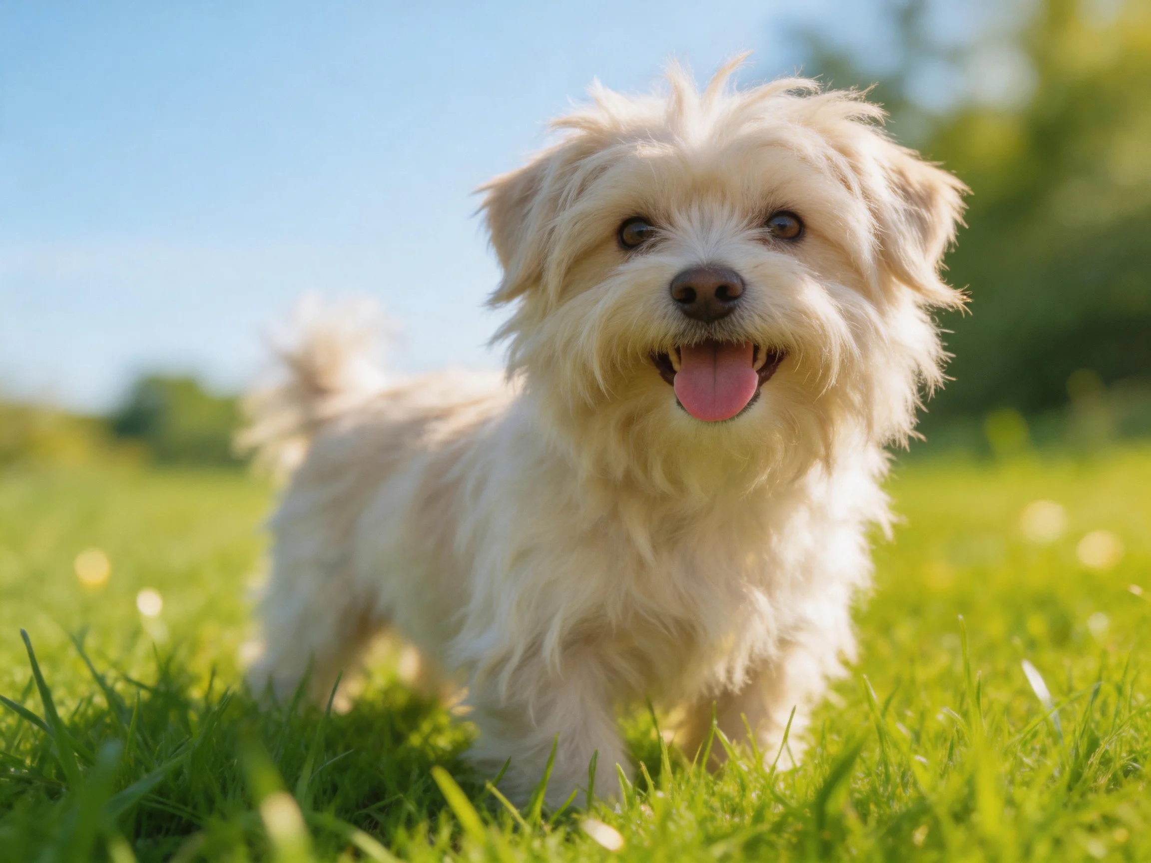 A small white dog enjoys a sunny day on green grass.