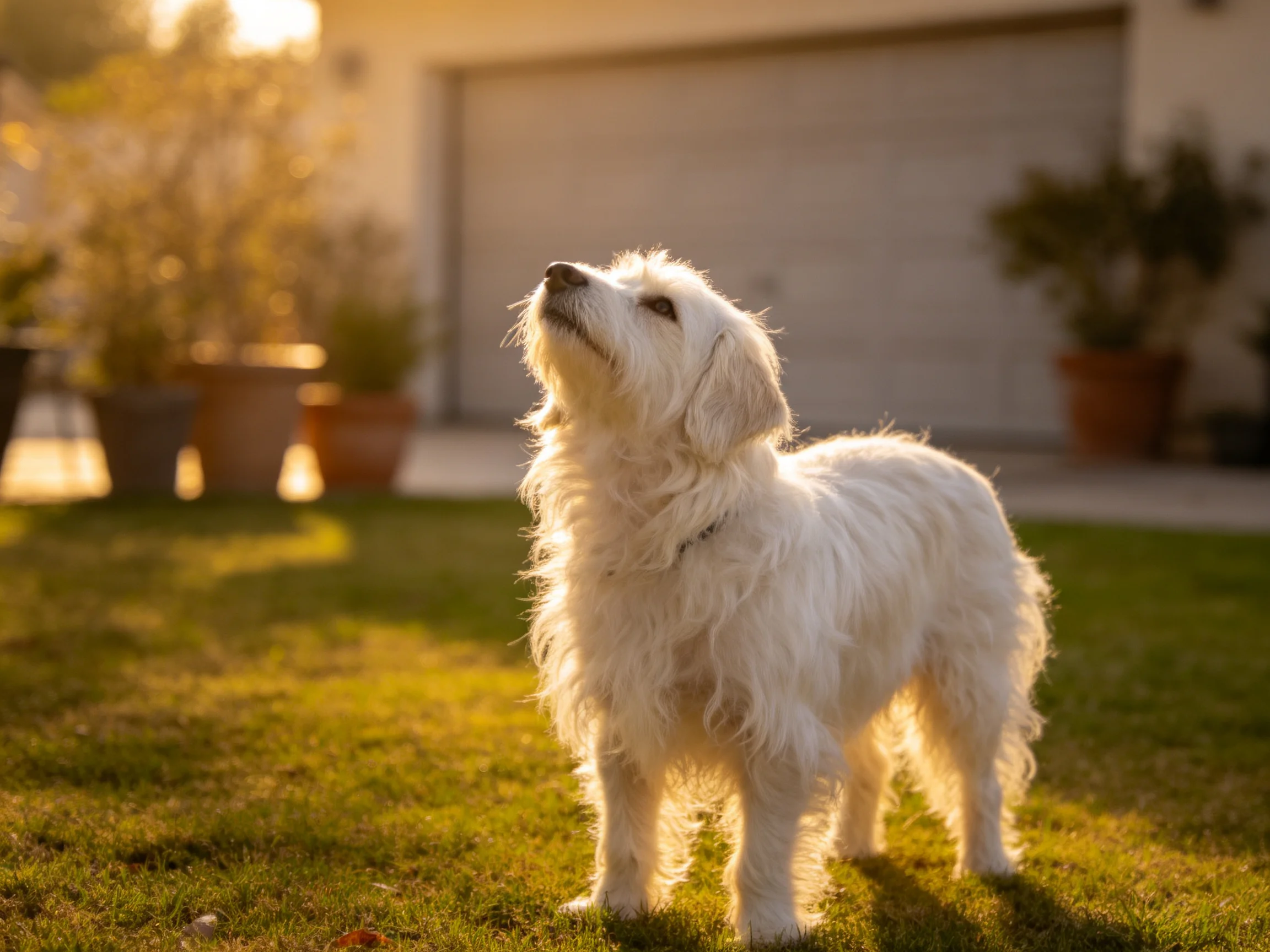 A fluffy white dog stands on sunlit grass near a garage.