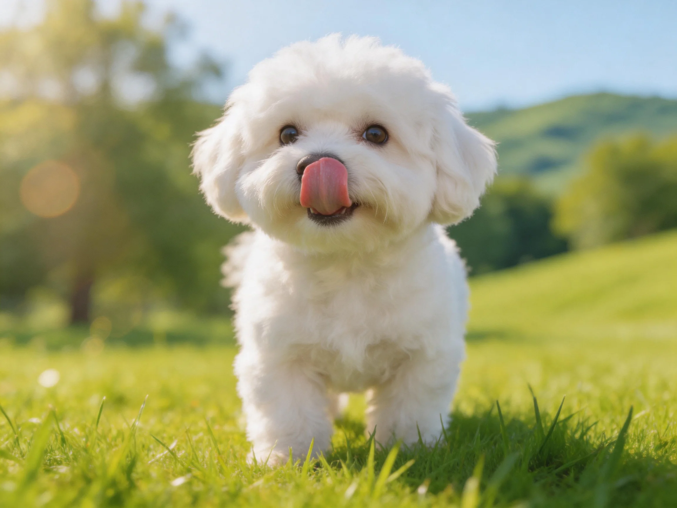 A fluffy white dog stands on vibrant green grass under sunny skies