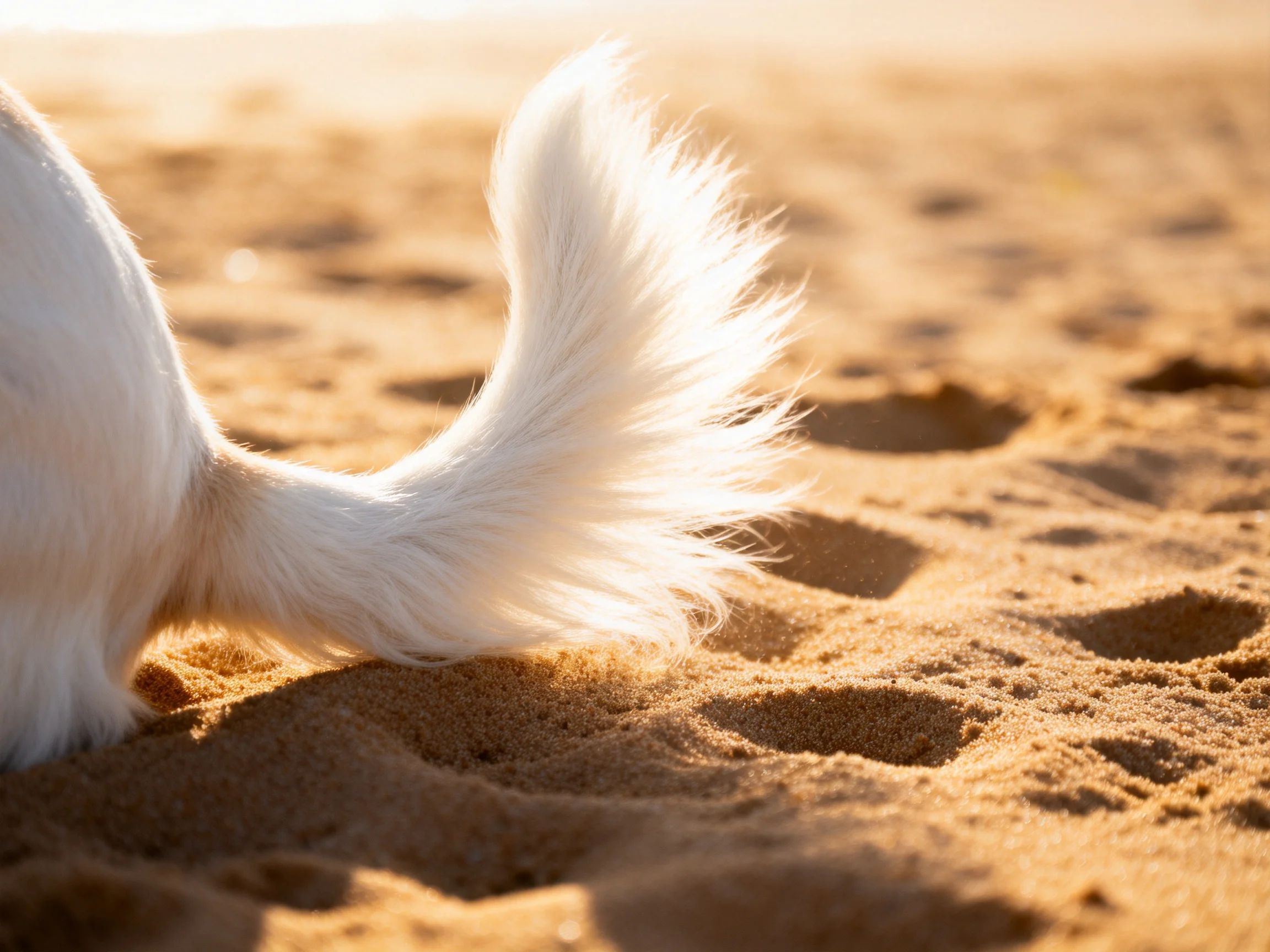 A white dog’s tail rests on sunlit sandy ground.