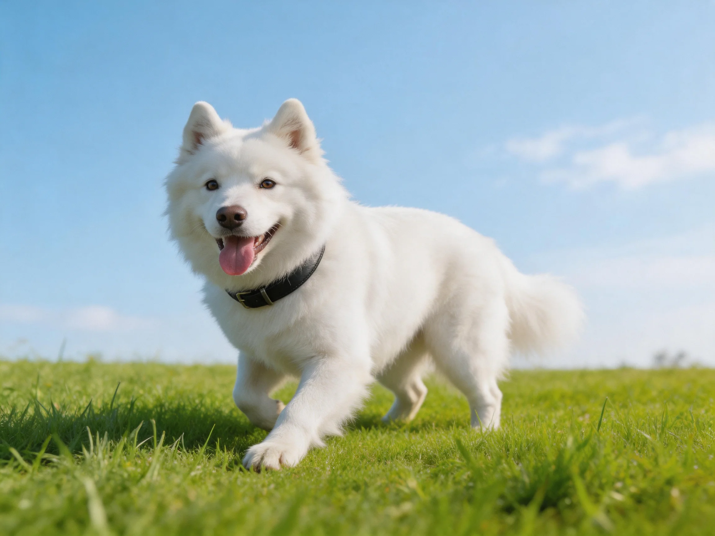 A fluffy white dog trotting on lush green grass under clear blue sky