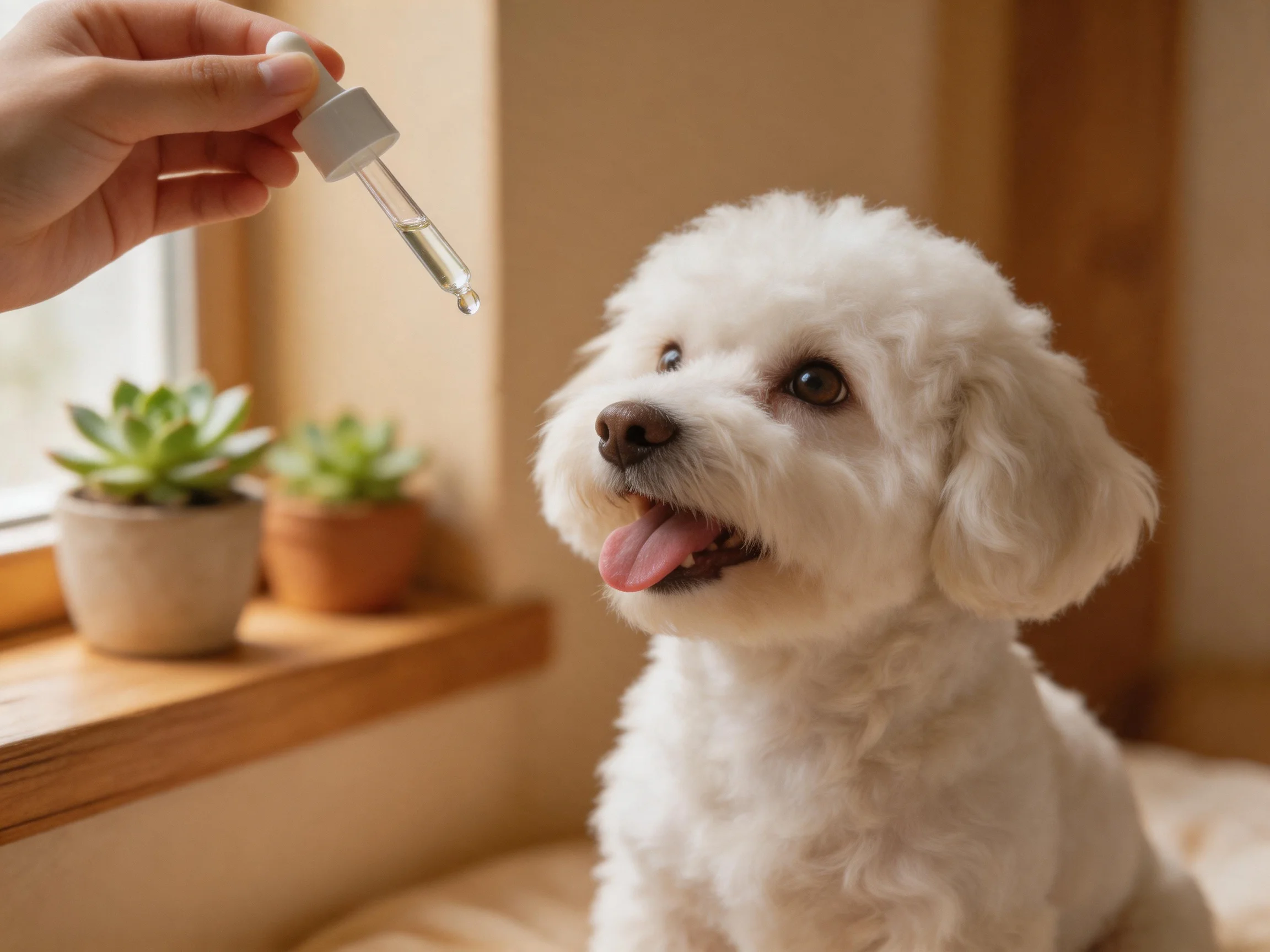 A fluffy white dog watches a dropper being held near it indoors