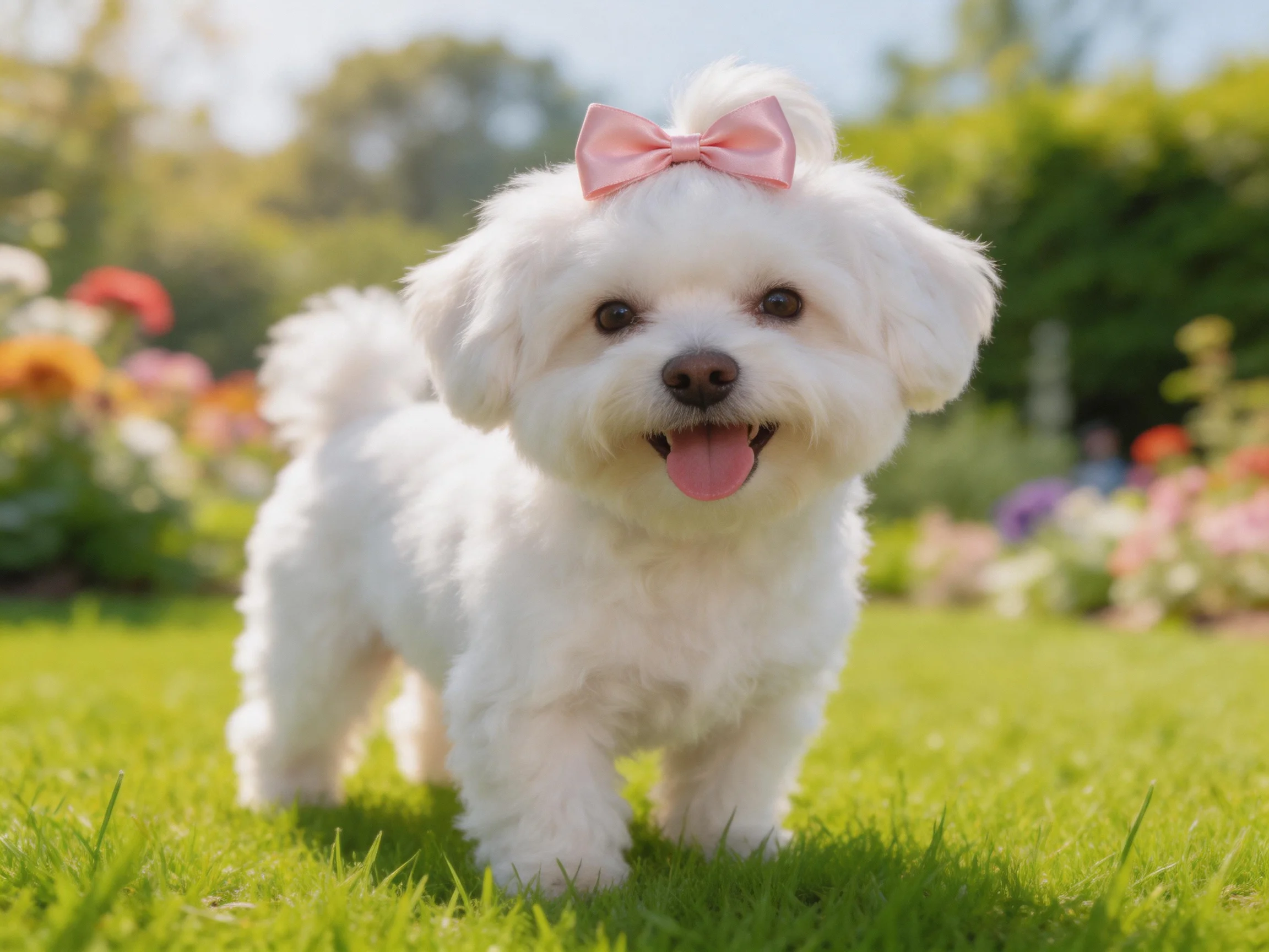 A happy white dog with a pink bow enjoys time in a colorful garden.