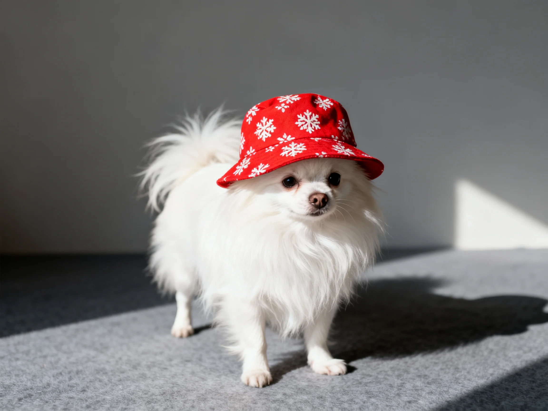 A fluffy white dog stands on a gray surface wearing a red snowflake hat.