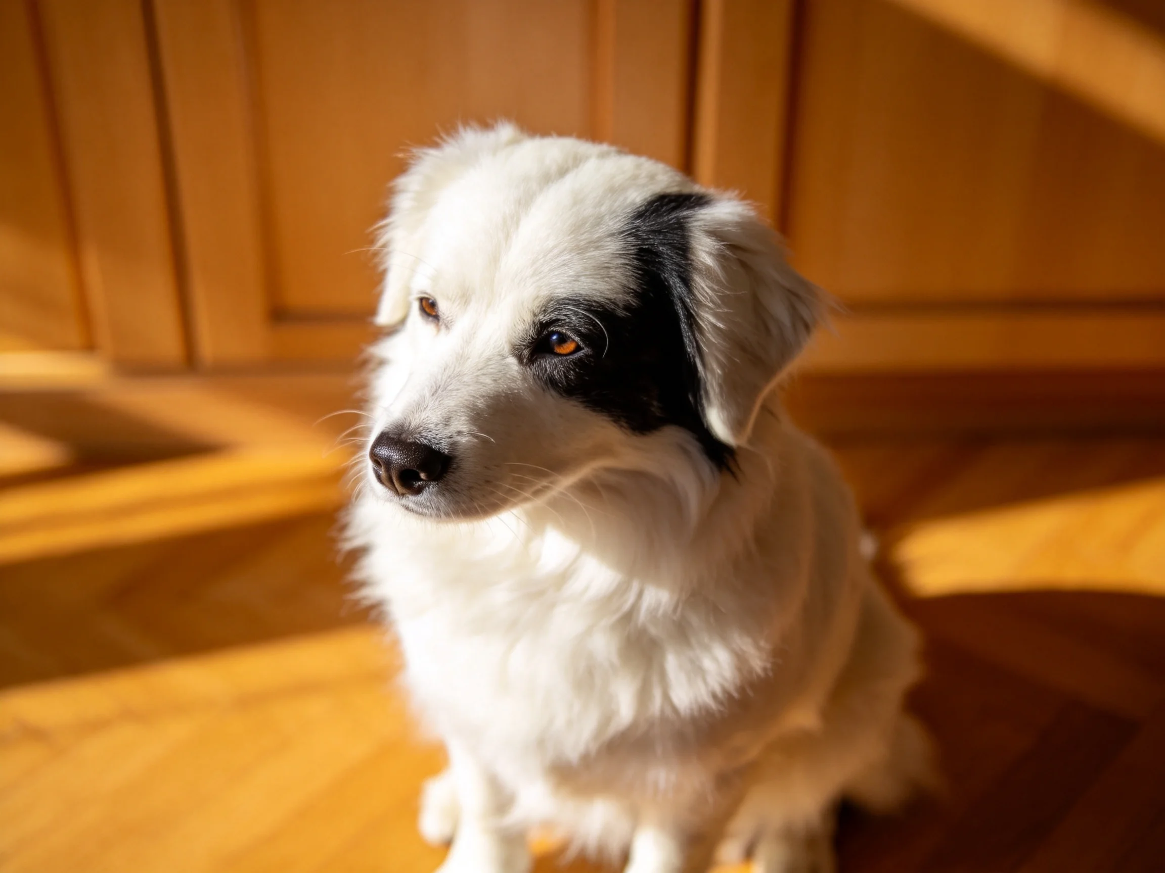 A fluffy white dog with a black facial patch sits calmly on a wooden floor.