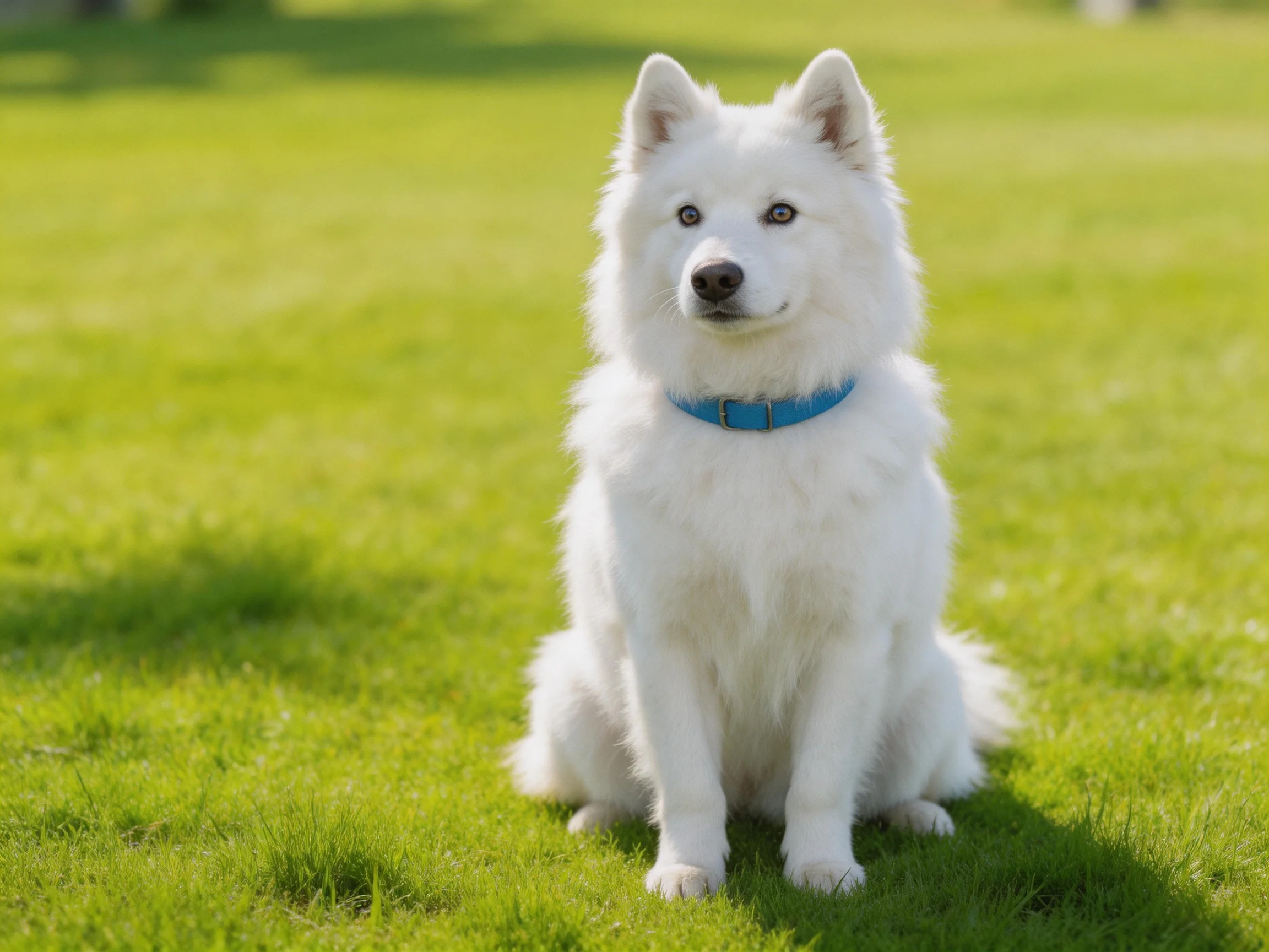 A fluffy white dog with a blue collar sits on lush green grass