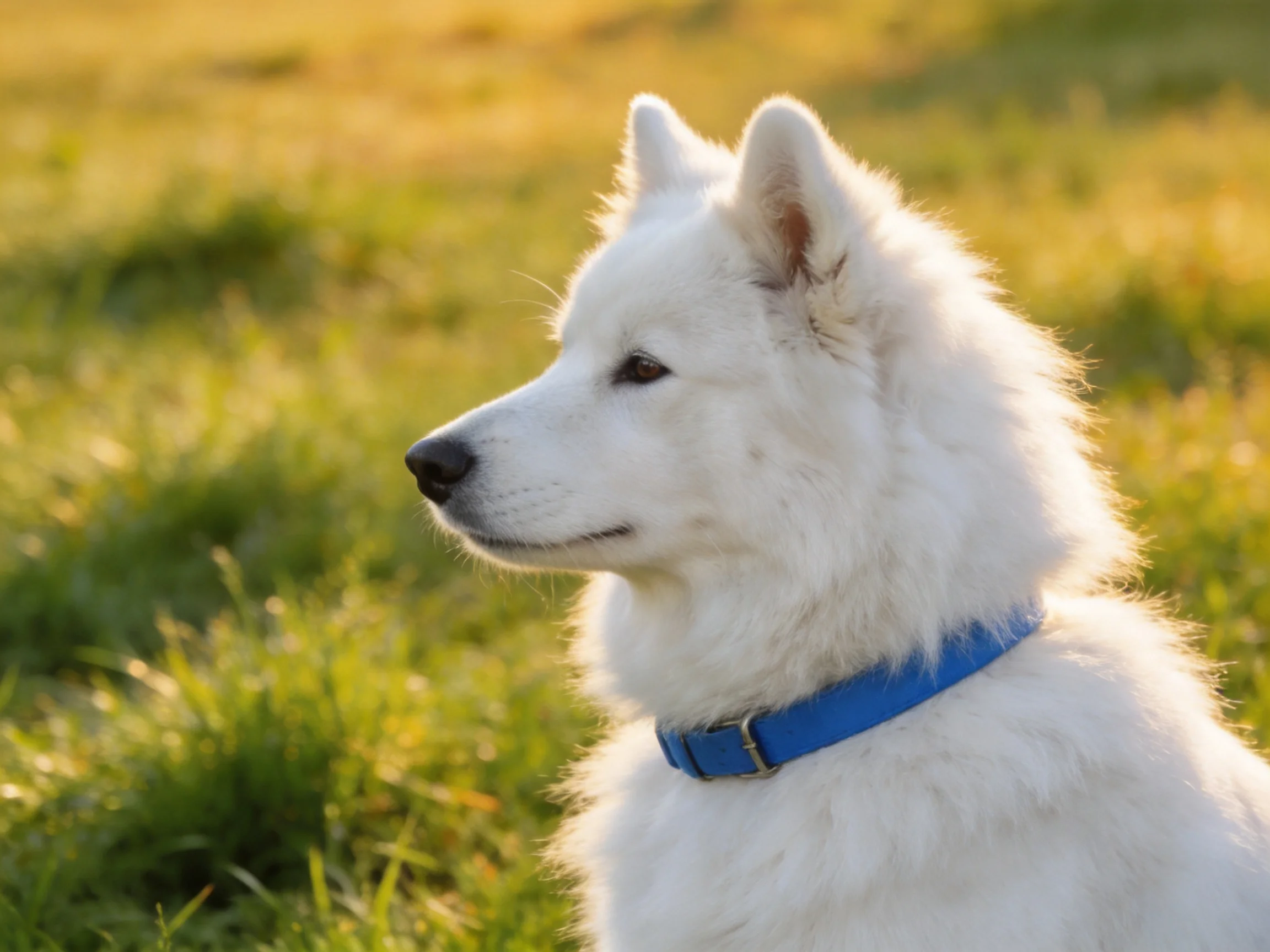 A fluffy white dog with a blue collar stands in a sunlit field.