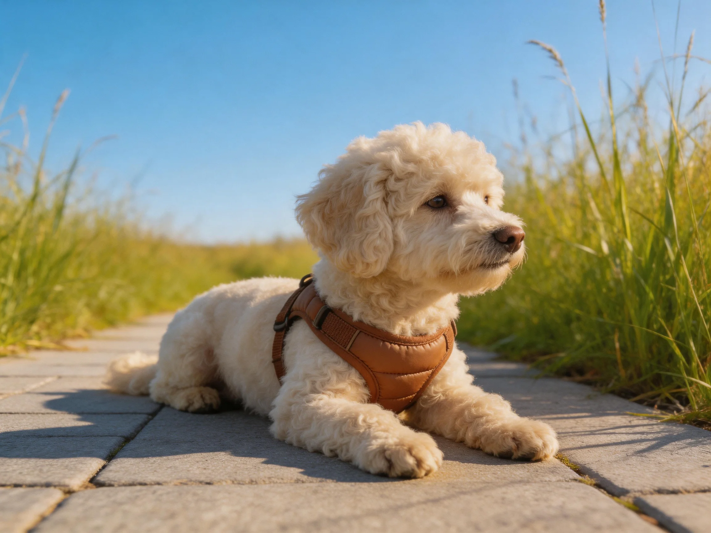 A small white dog with a brown harness relaxes on a stone path surrounded by grass.