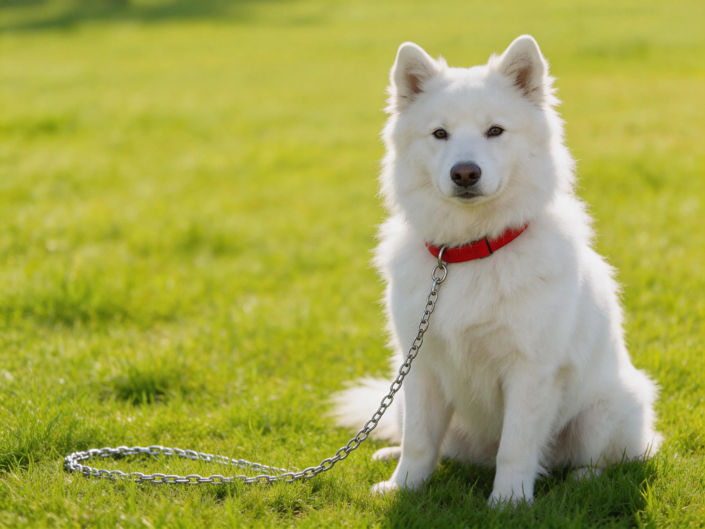 A fluffy white dog with a red collar sits on lush green grass