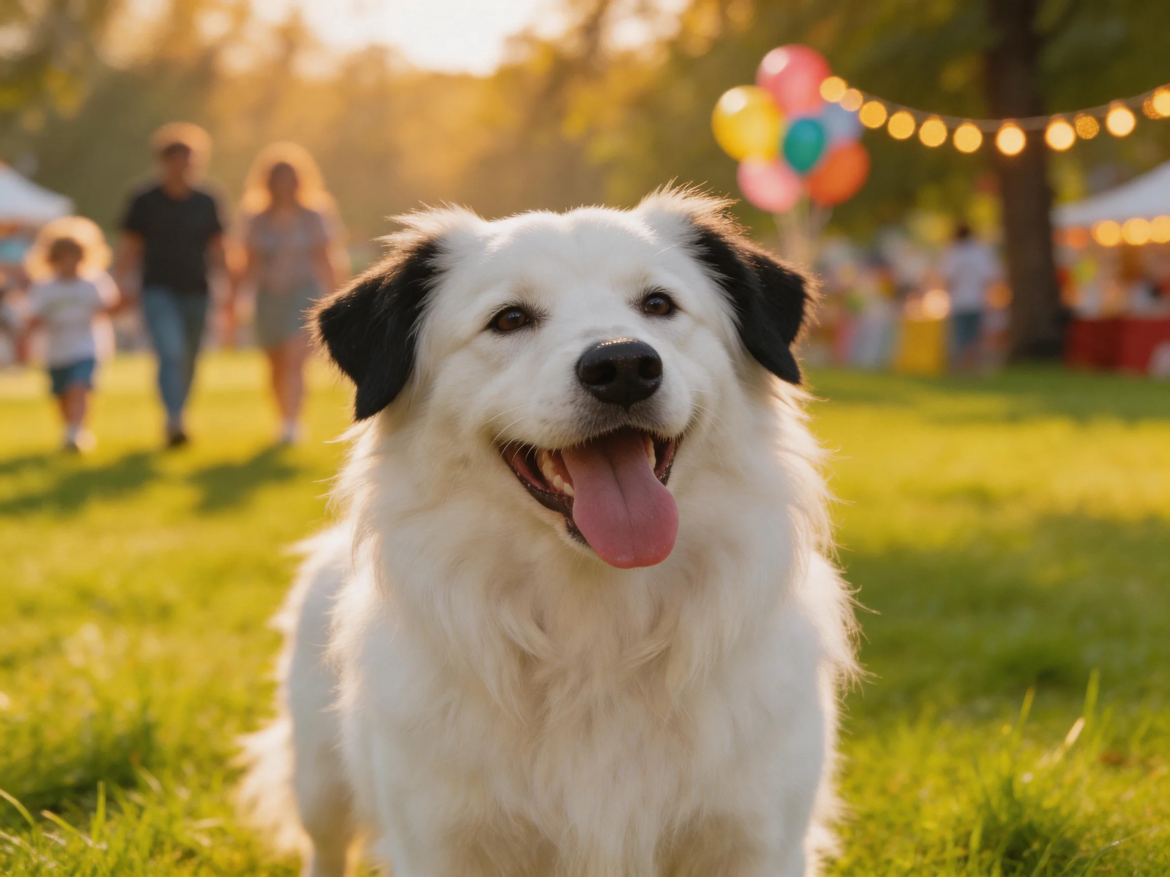 A happy white dog stands near people and festival decor in a sunlit park.