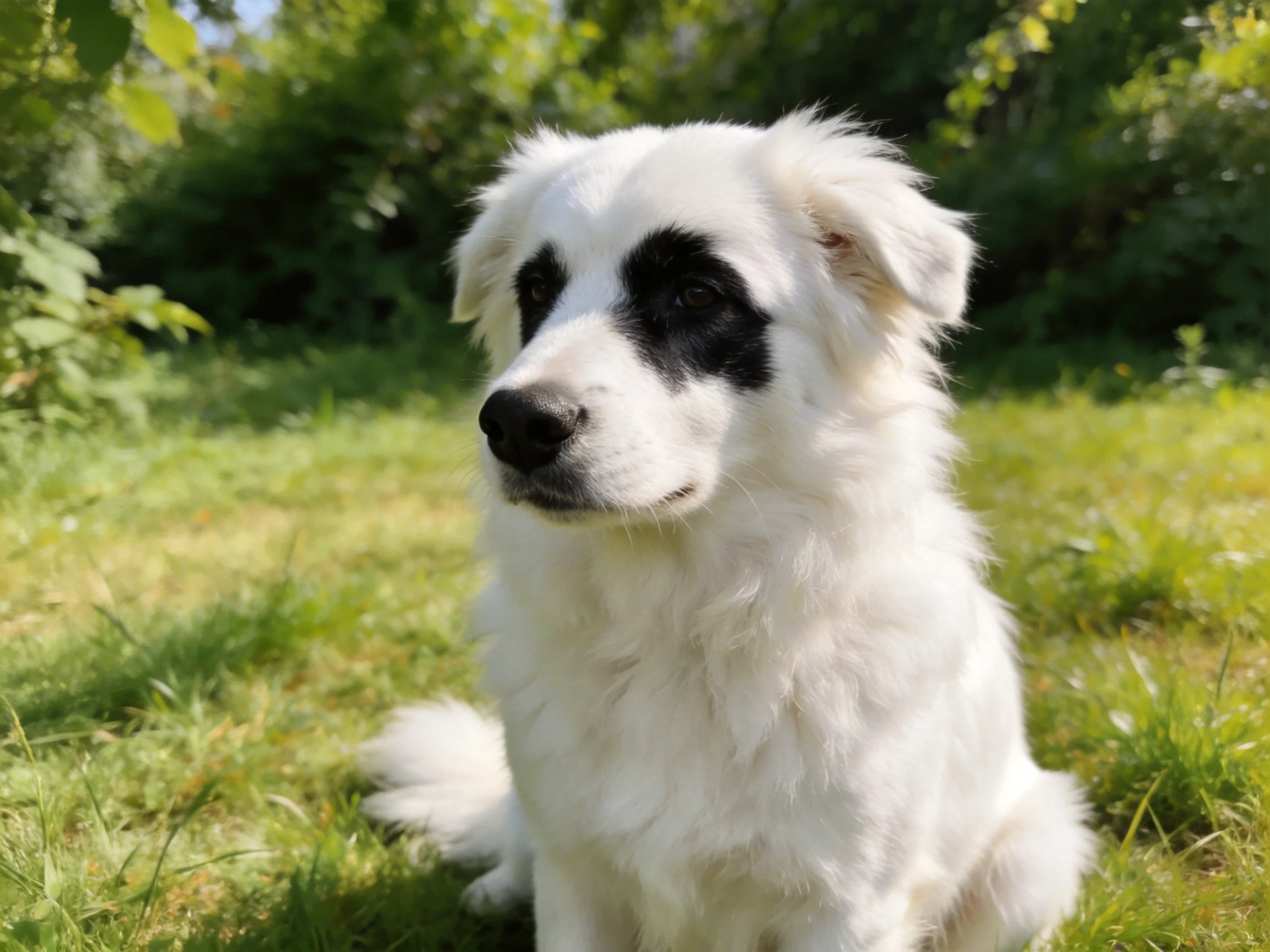 A white dog with black facial markings sits on grass in a sunlit outdoor area.