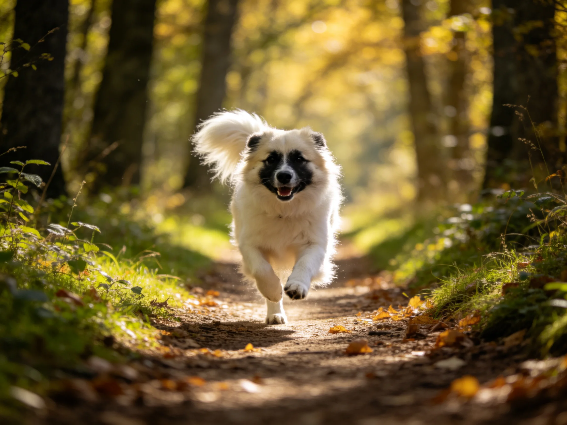 A fluffy white dog with black markings runs joyfully on a sunlit forest path.