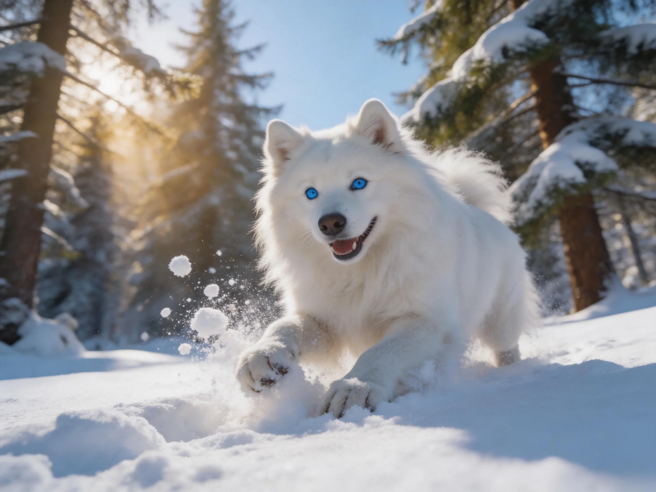 A white dog with blue eyes runs in a snowy forest.