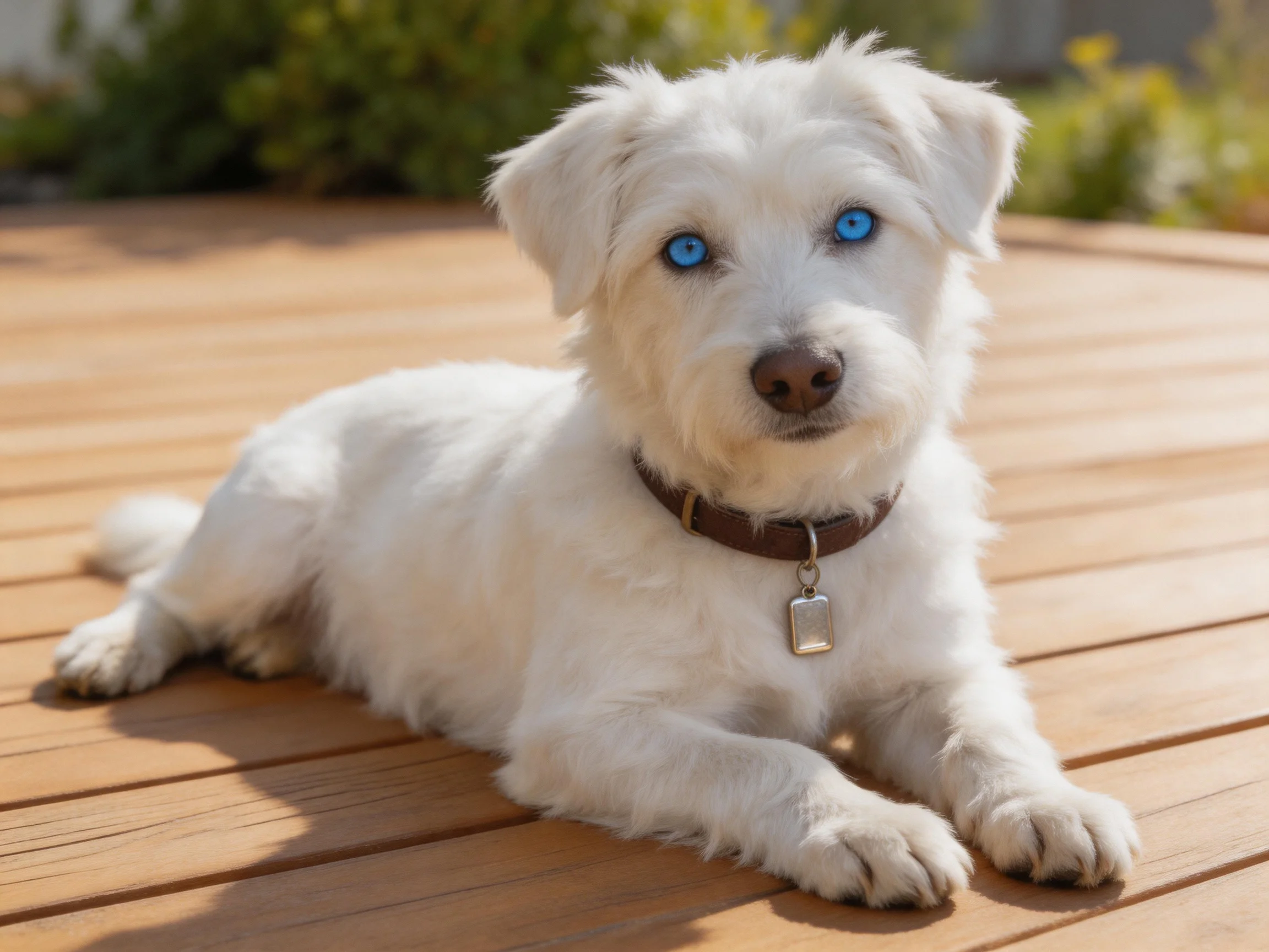 A white dog with blue eyes relaxes on a wooden deck outdoors.