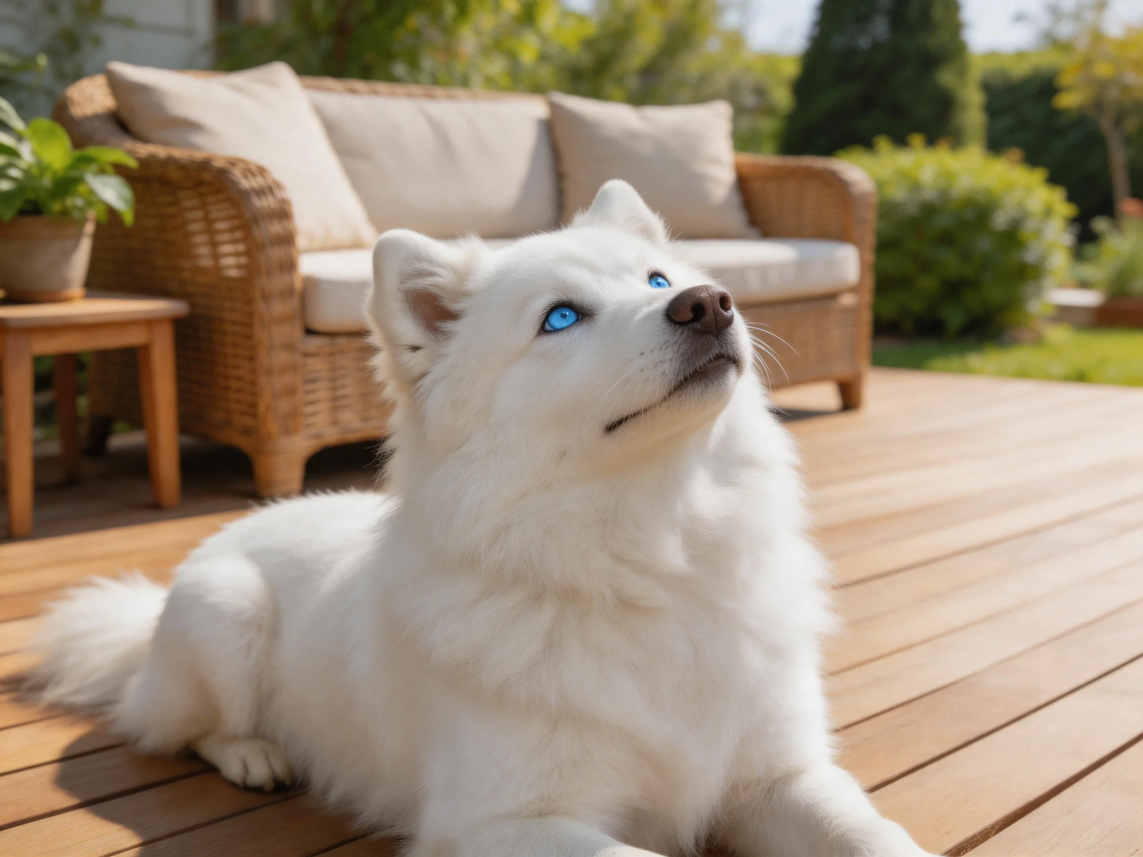 A white dog with blue eyes relaxes on a wooden patio beside wicker seating.