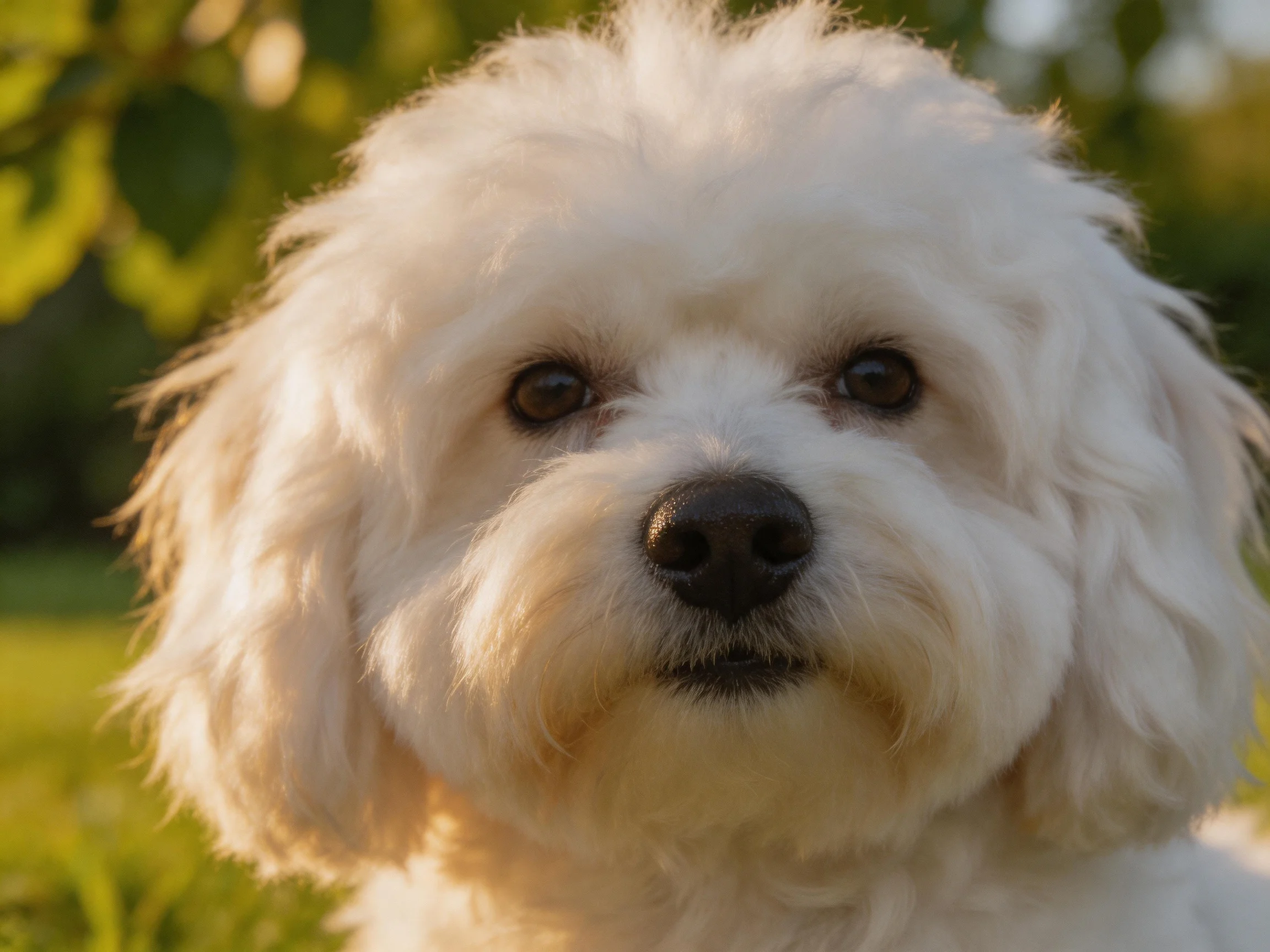 A fluffy white dog with curly fur in a sunlit outdoor area