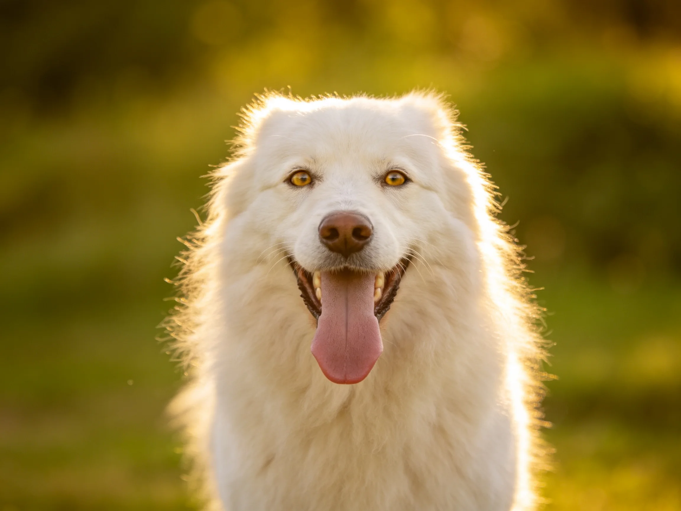 A cheerful white dog with a pink tongue smiles in a sunlit outdoor area.
