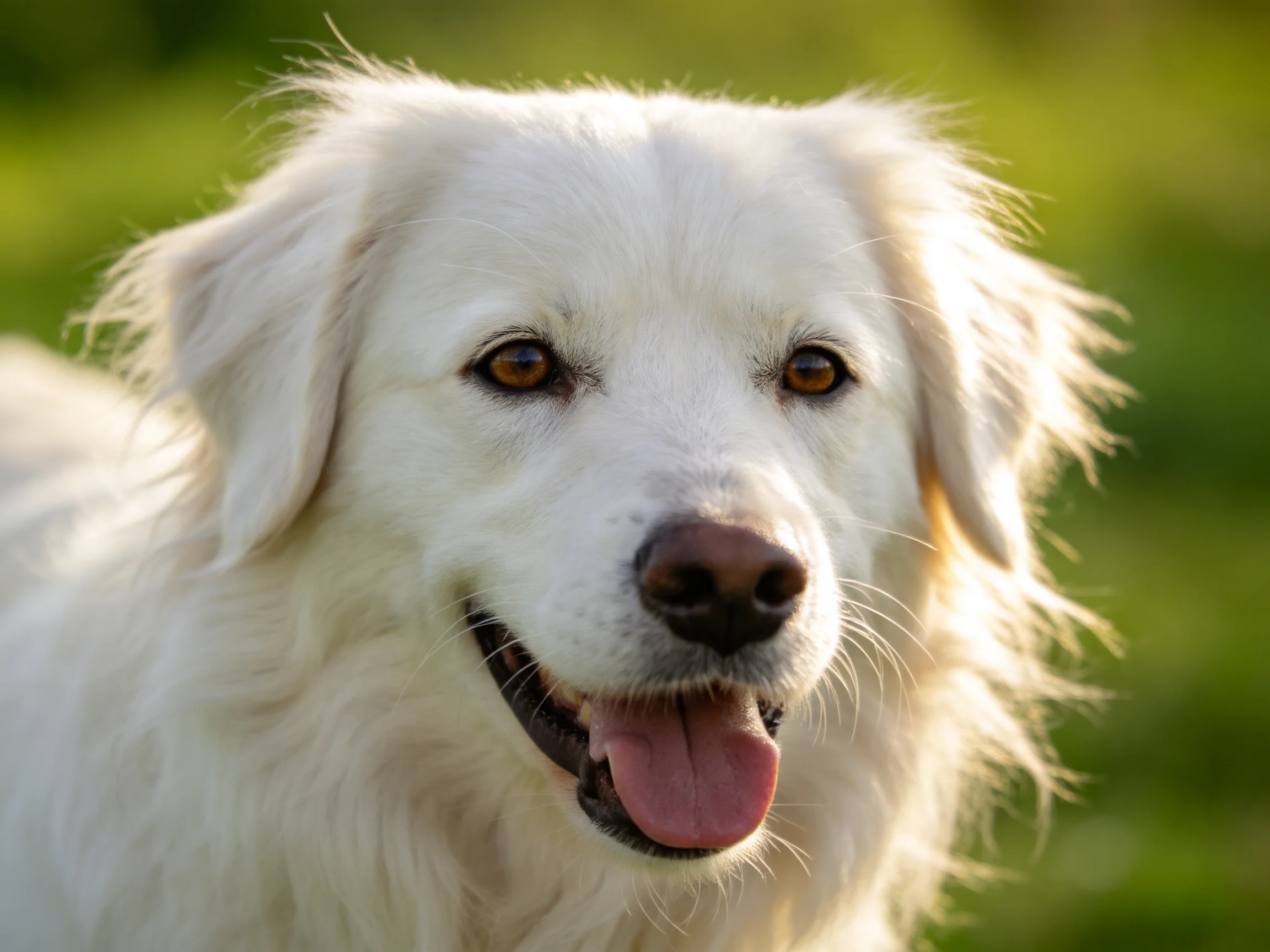 A white dog with golden eyes smiles happily in an outdoor setting.