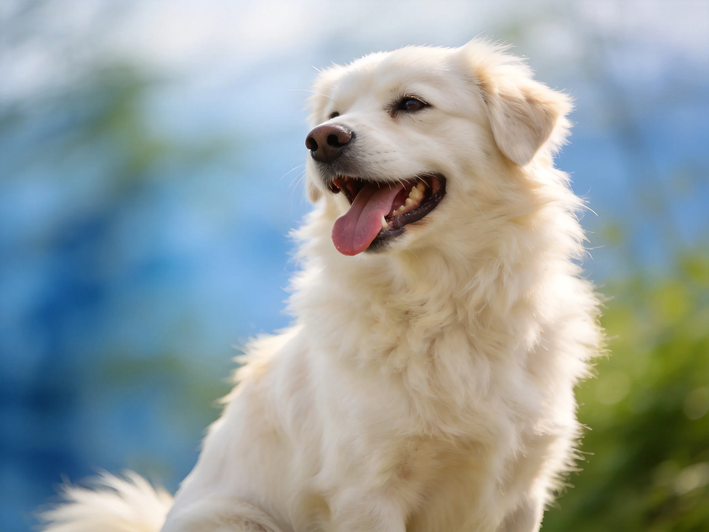 A fluffy white dog with open mouth in a sunlit outdoor environment
