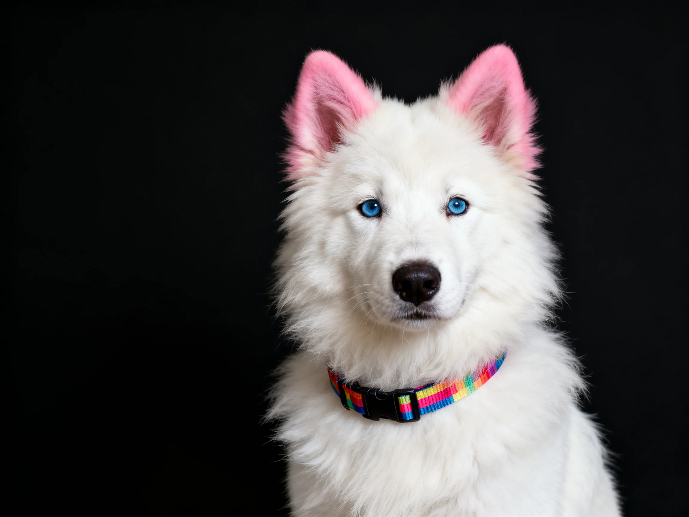 A fluffy white dog with pink ears, blue eyes, and colorful collar