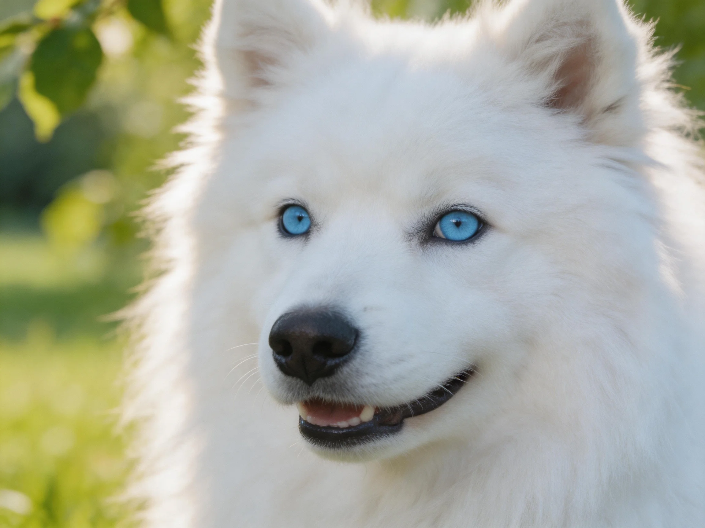 A white dog with blue eyes is outdoors among greenery on a sunny day.