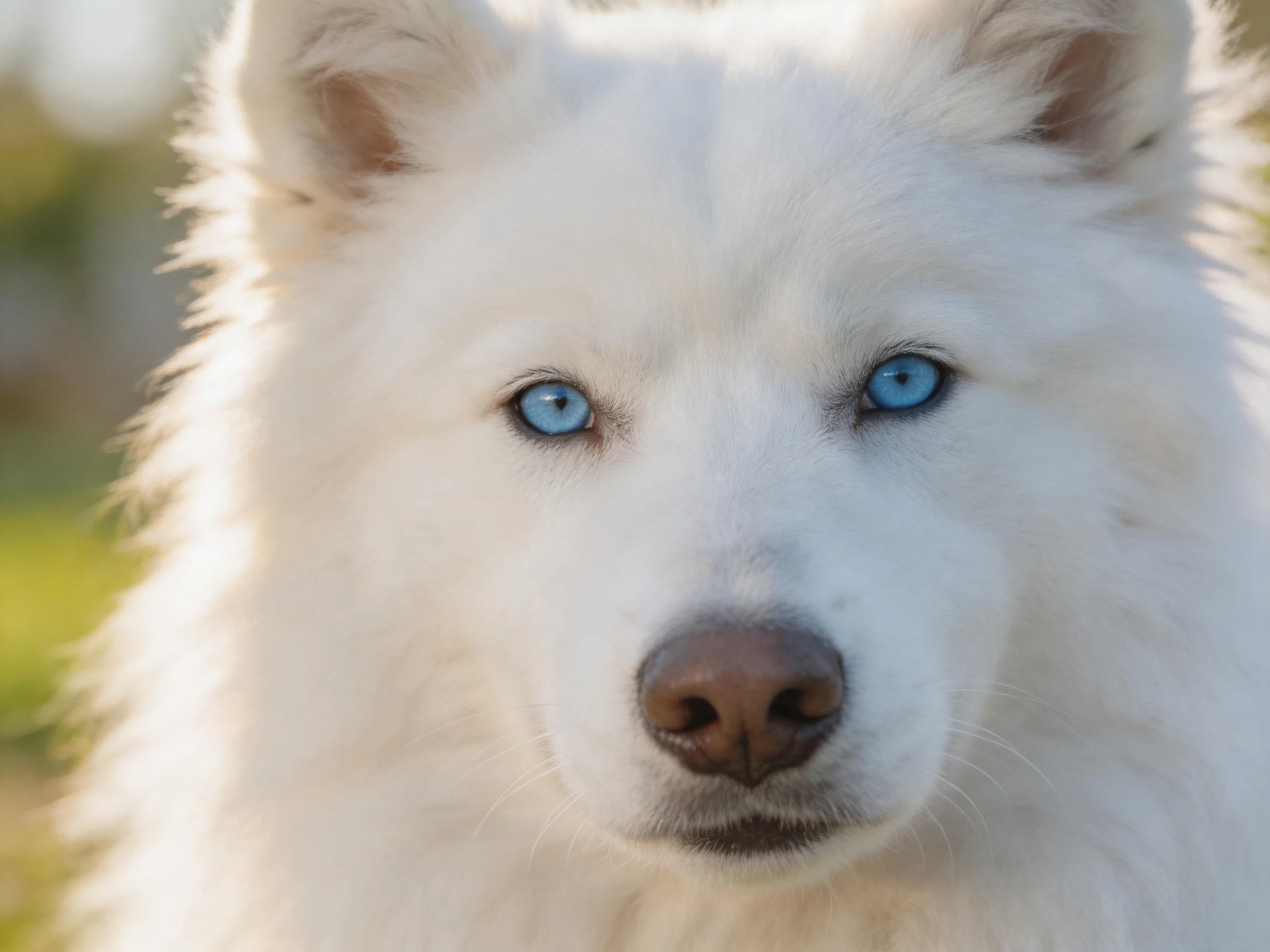 A fluffy white dog with striking blue eyes in soft natural light