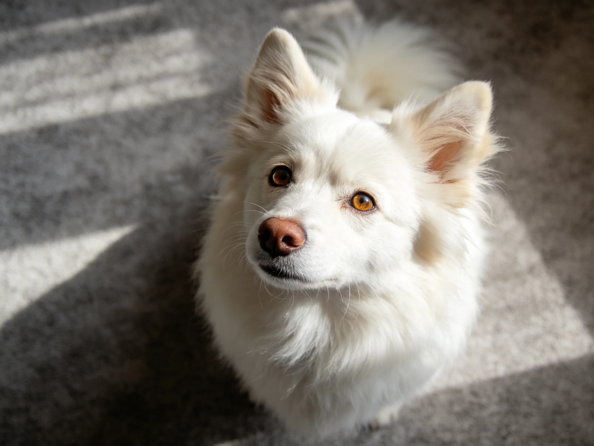 A fluffy white dog with upright ears on a gray carpet