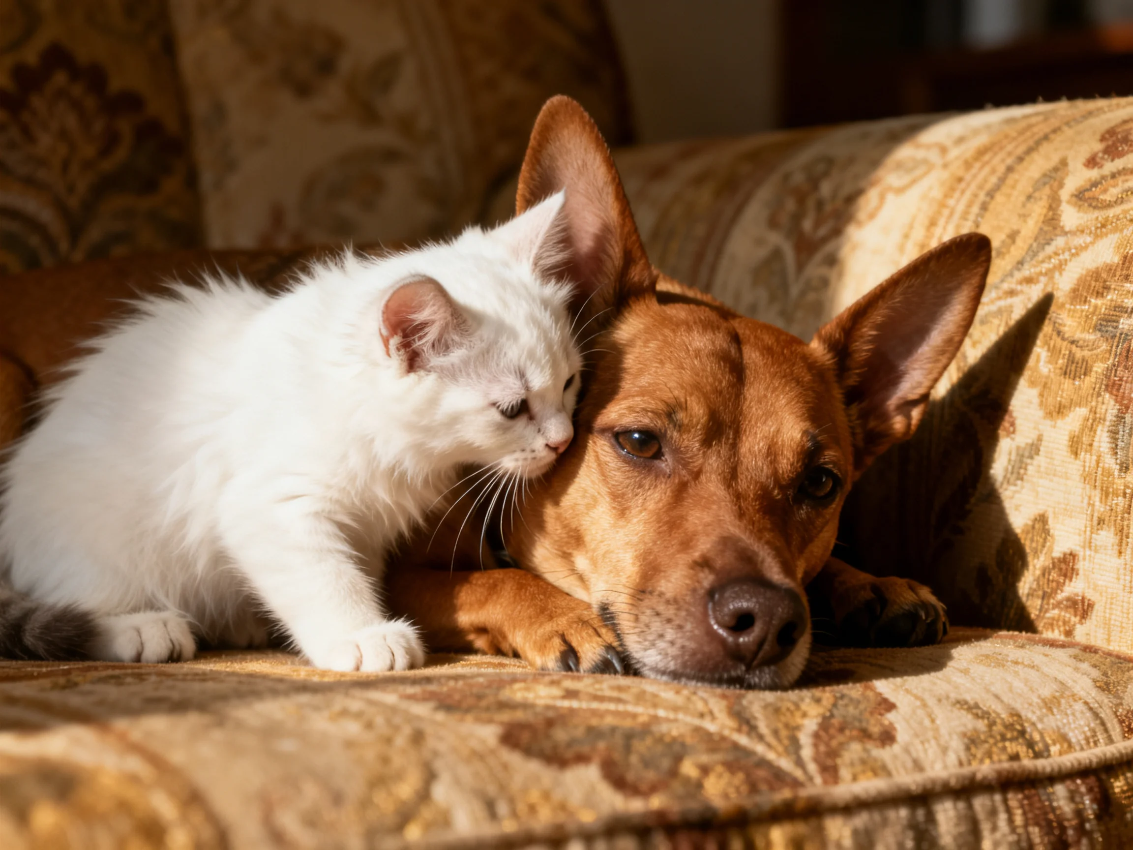 A white kitten nuzzles a brown dog on a patterned couch.